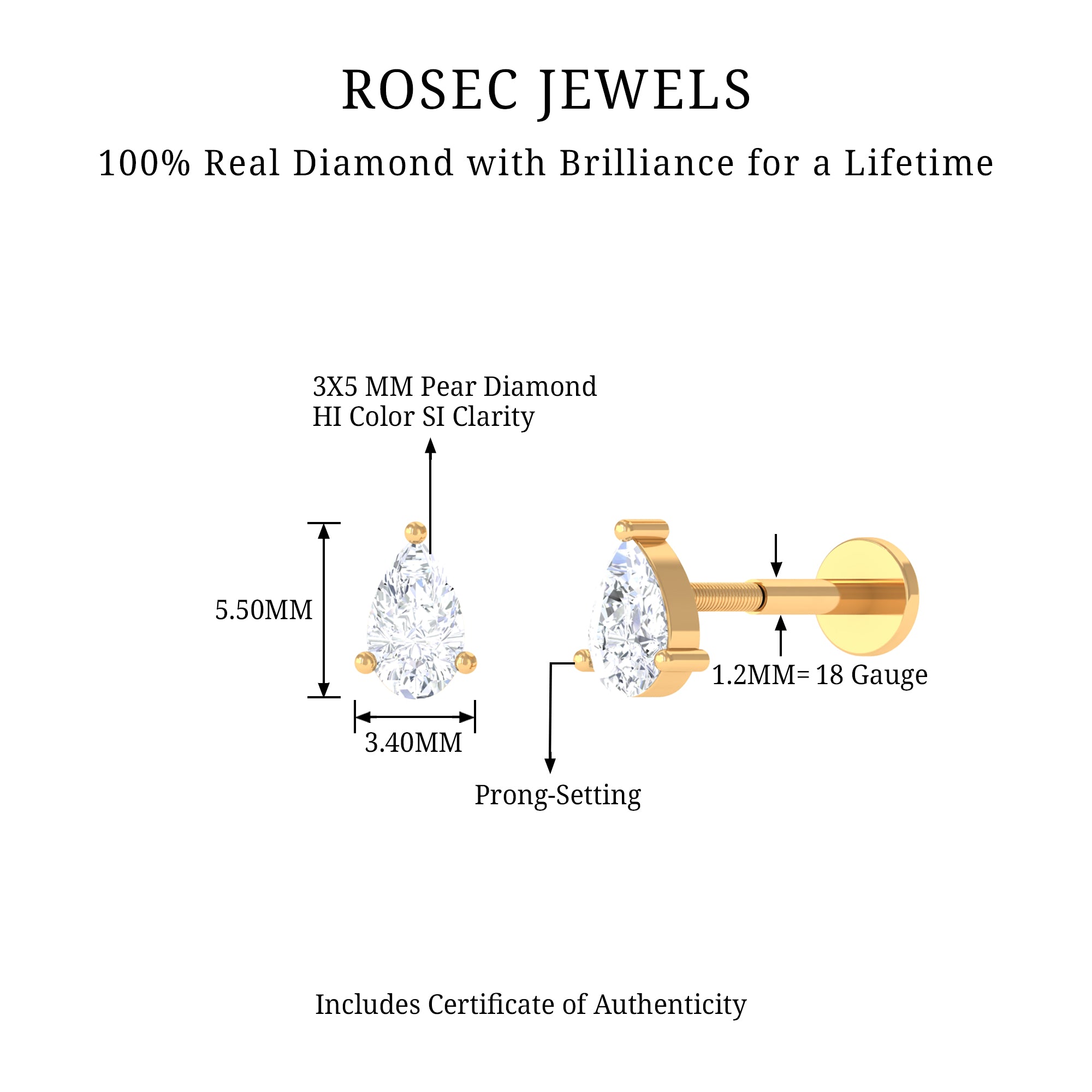 Rosec Jewels-Solitaire Pear Shape Diamond Earring for Tragus Piercing