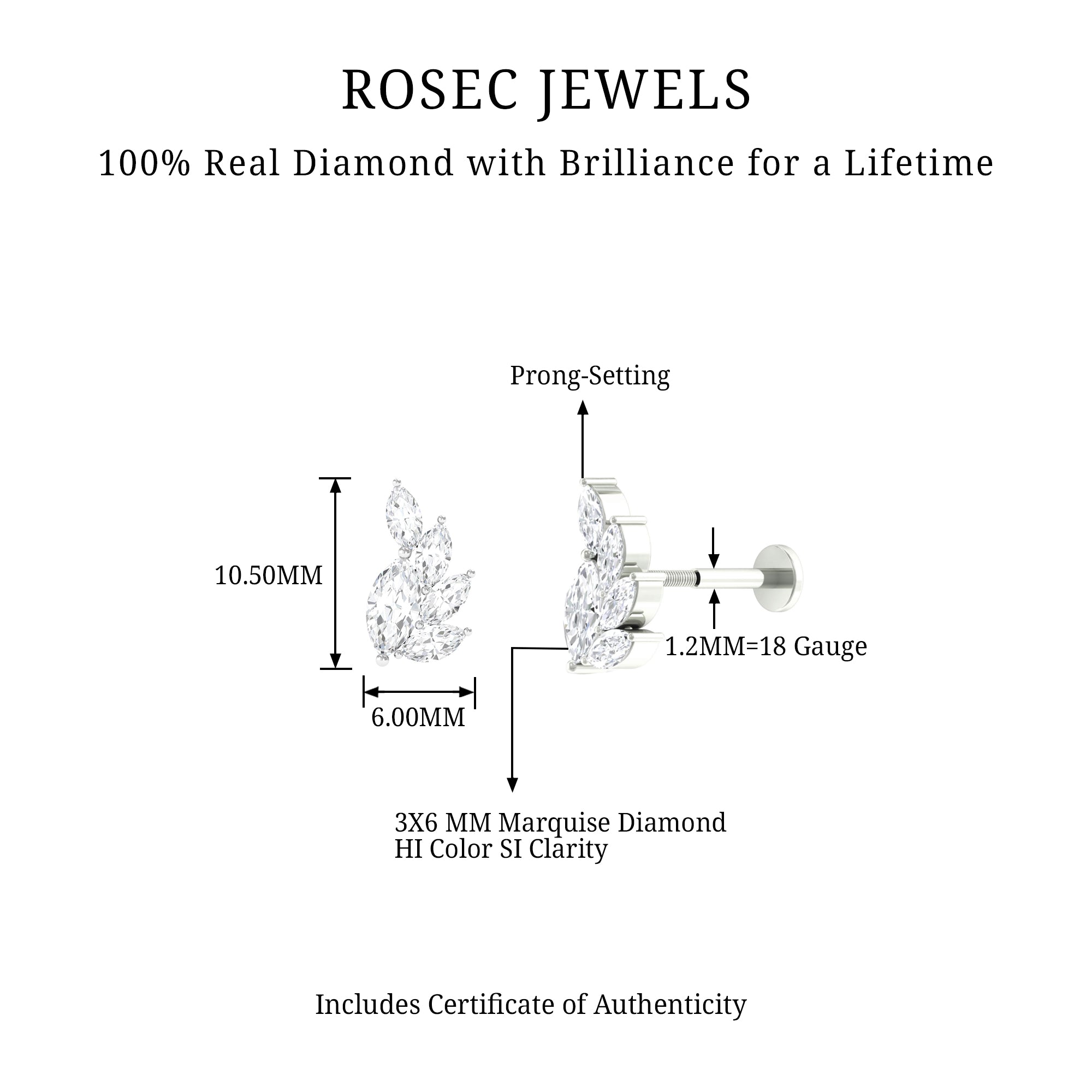 Rosec Jewels-Marquise Diamond Cluster Helix Earring with Flat Back