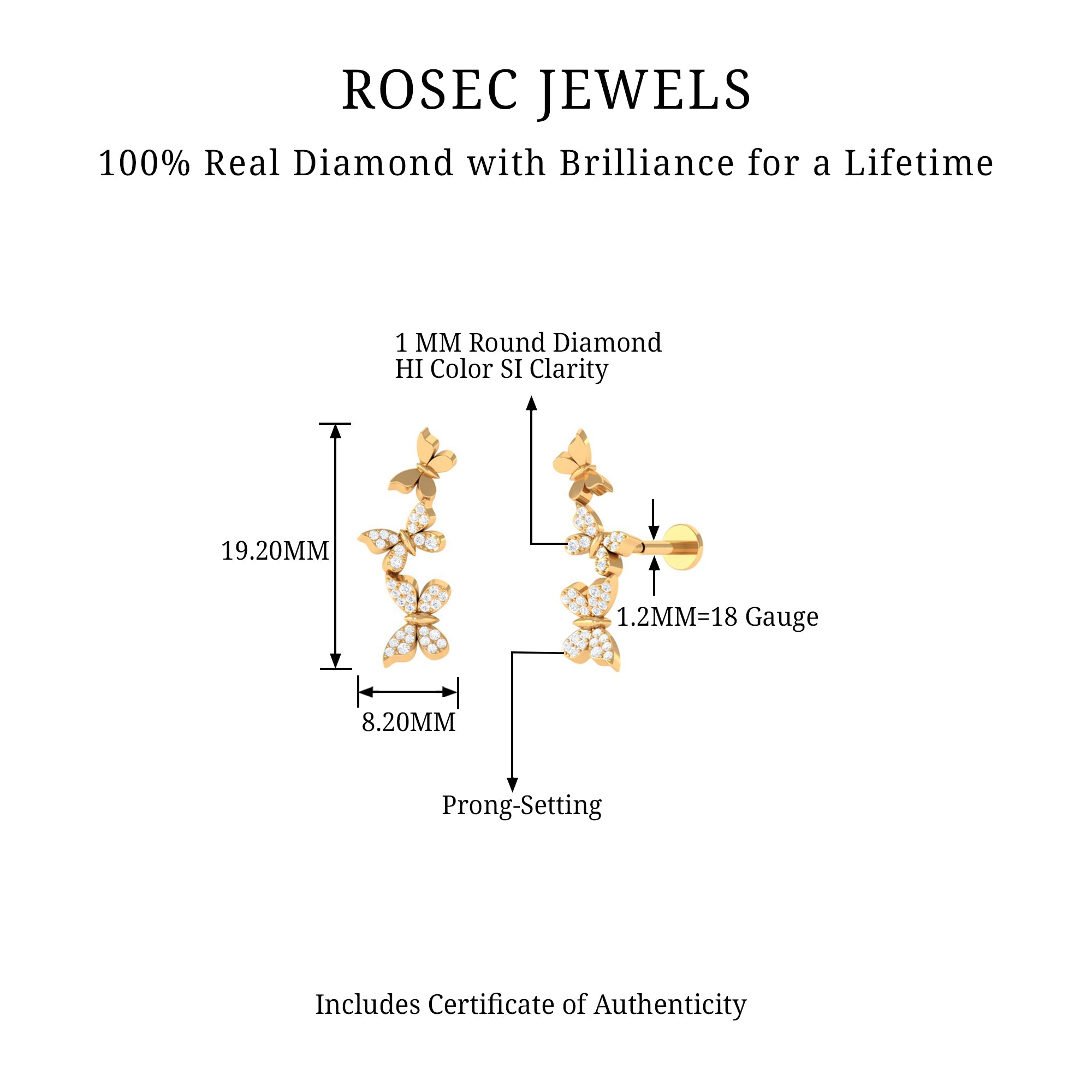 Rosec Jewels-Natural Diamond Butterfly Crawler Earring for Helix Piercing