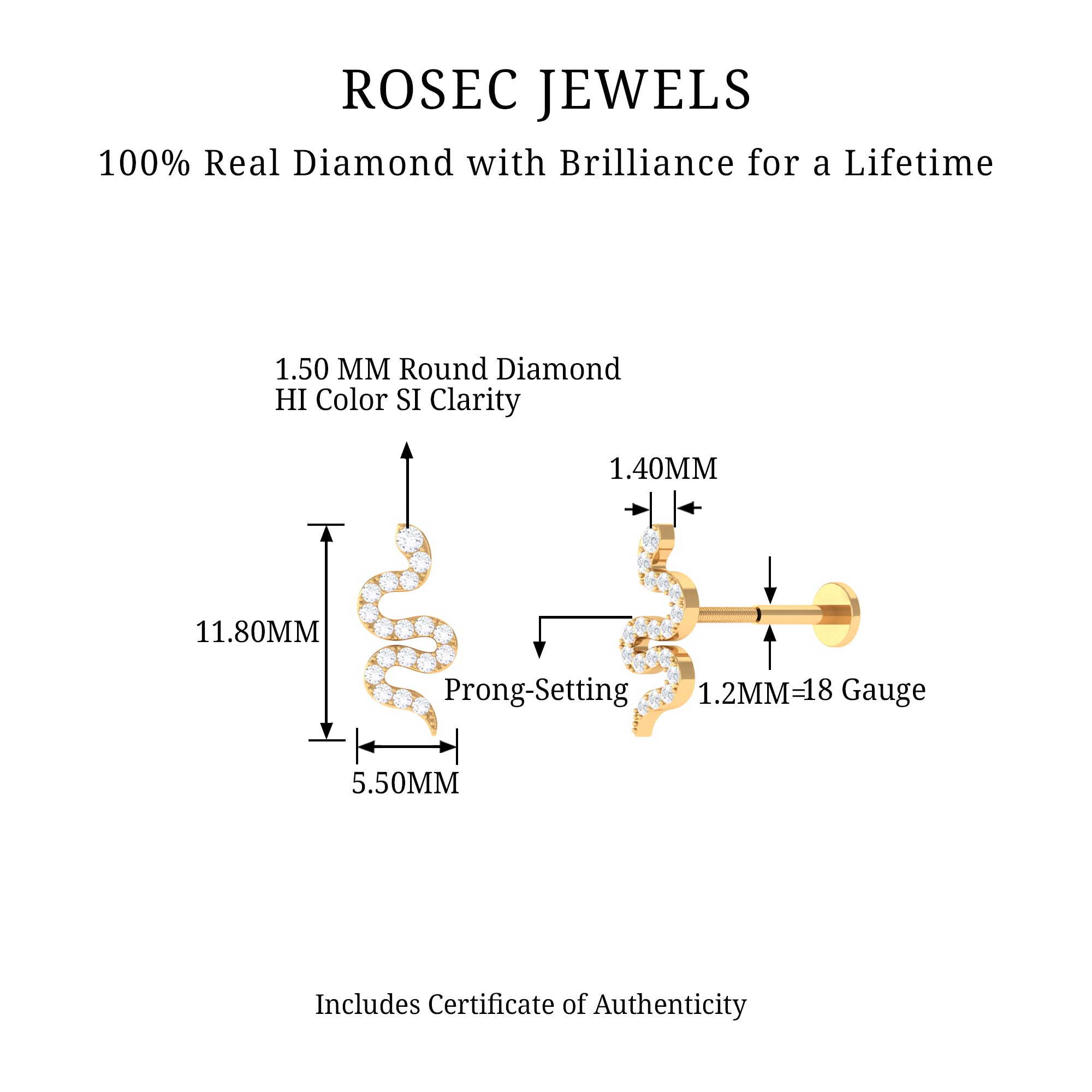 Rosec Jewels-Natural Diamond Snake Earring for Cartilage Piercing