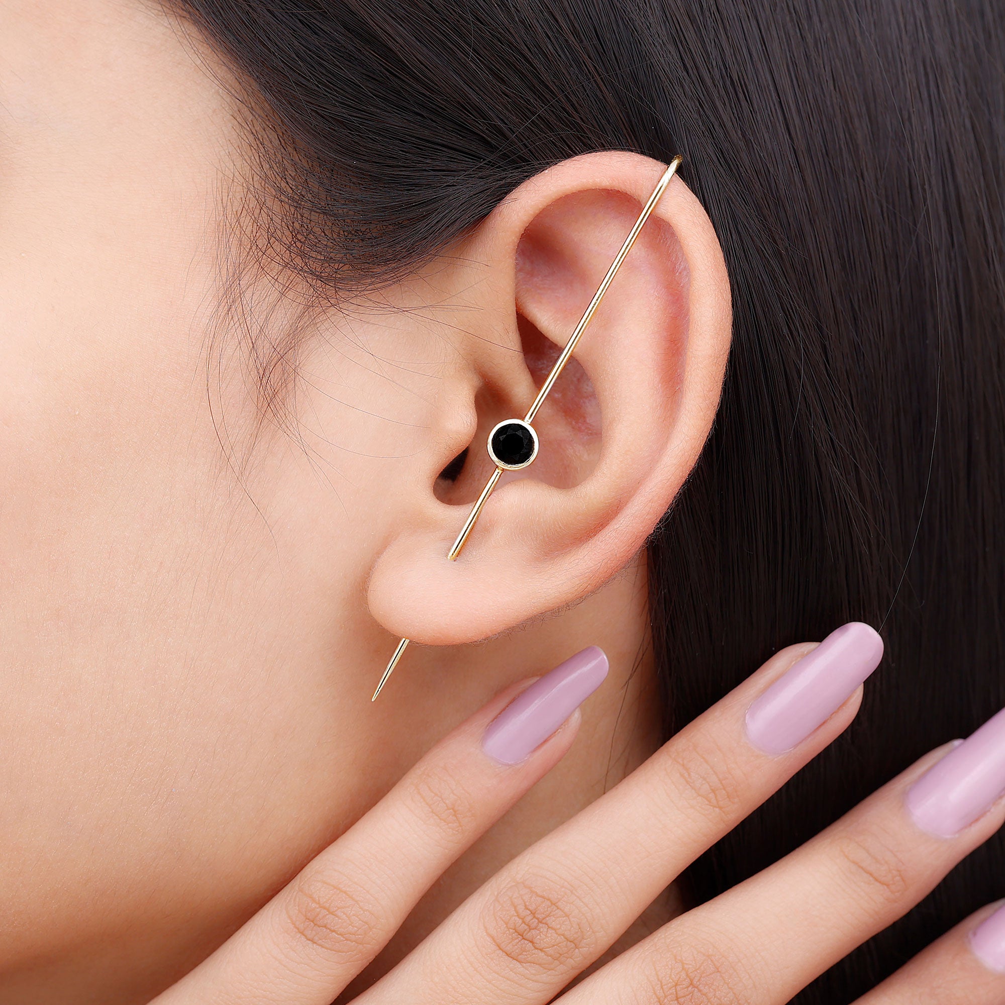 Rosec Jewels-Simple Black Onyx Ear Pin Earring in Bezel Setting