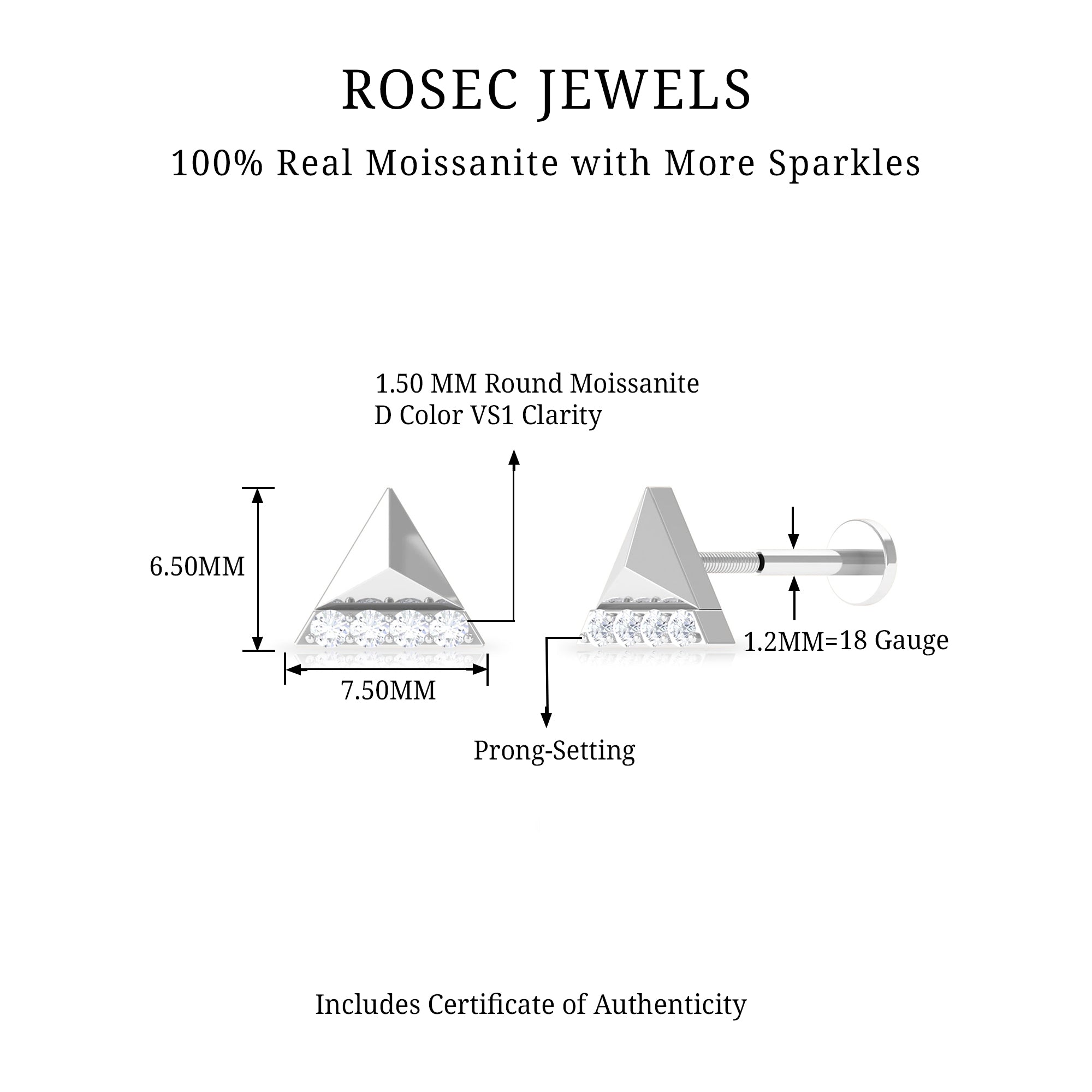 Rosec Jewels-Moissanite Gold Triangle Earring for Cartilage Piercing