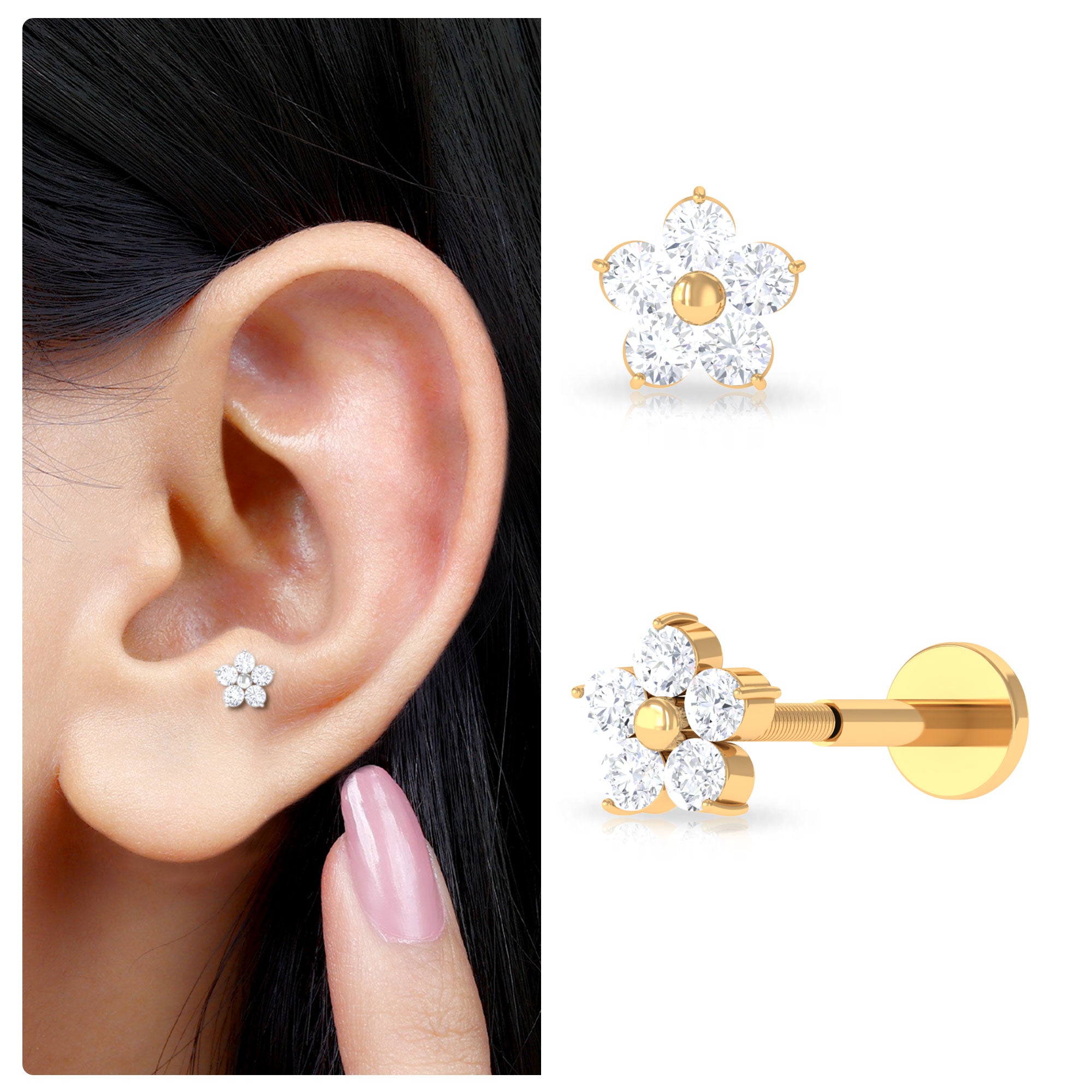 Rosec Jewels-Minimalist Diamond Flower Tragus Earring with Flat Back