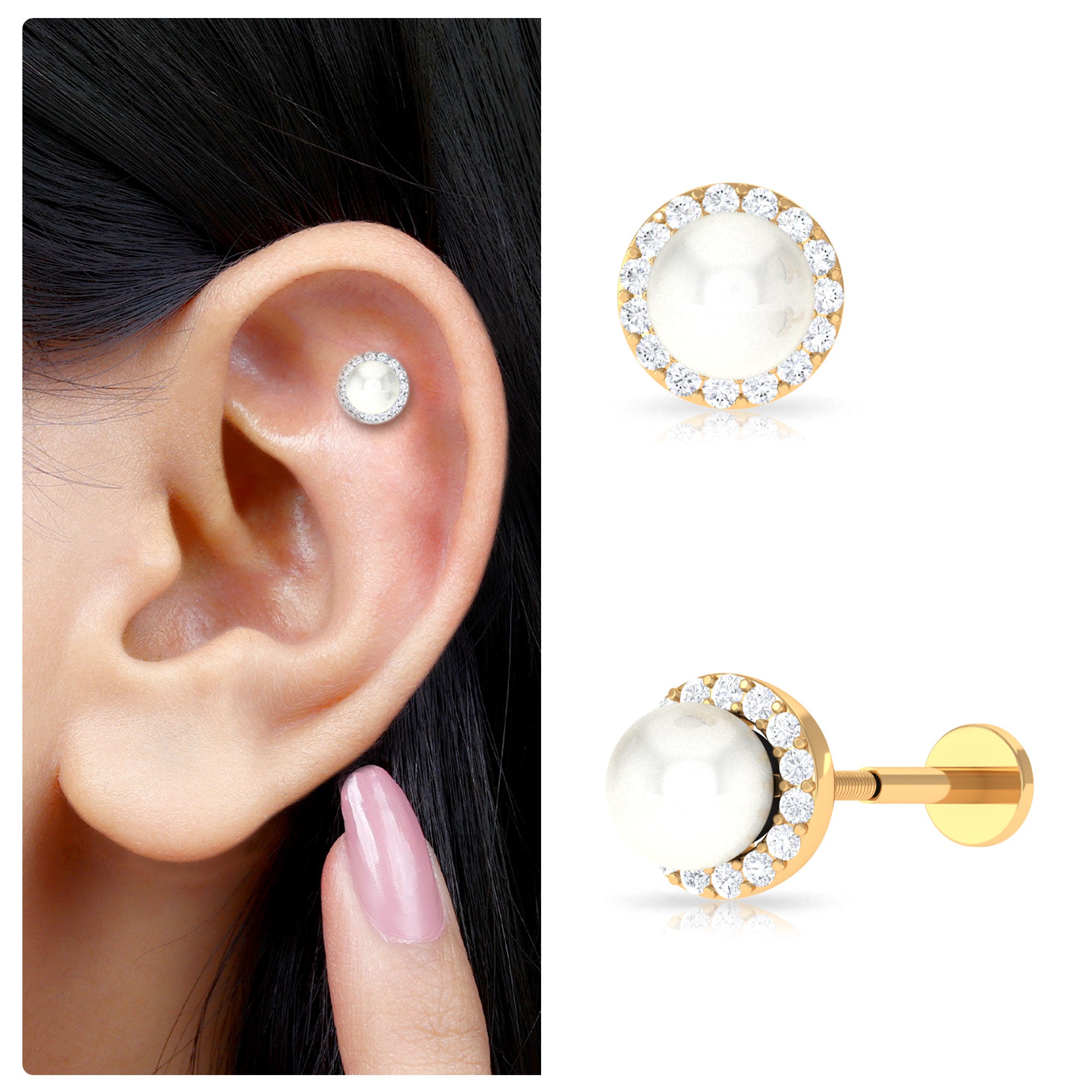 Rosec Jewels-Round Freshwater Pearl and Moissanite Halo Cartilage Earring