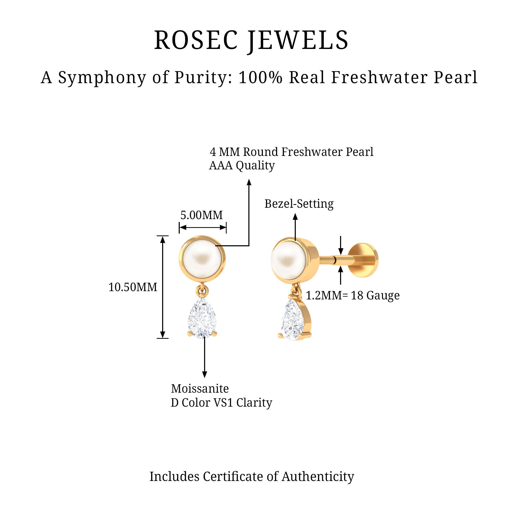 Rosec Jewels-Freshwater Pearl and Moissanite Dangling Cartilage Earring