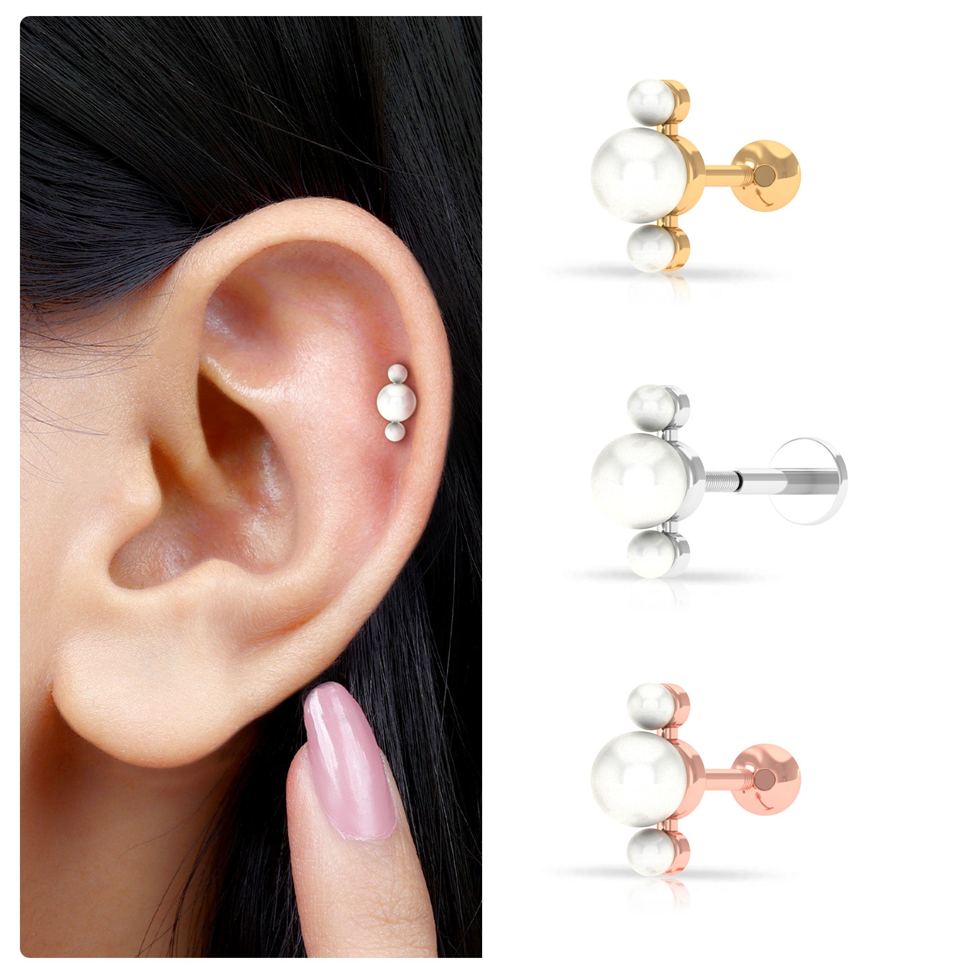 Rosec Jewels-Round Freshwater Pearl Three Stone Cartilage Earring