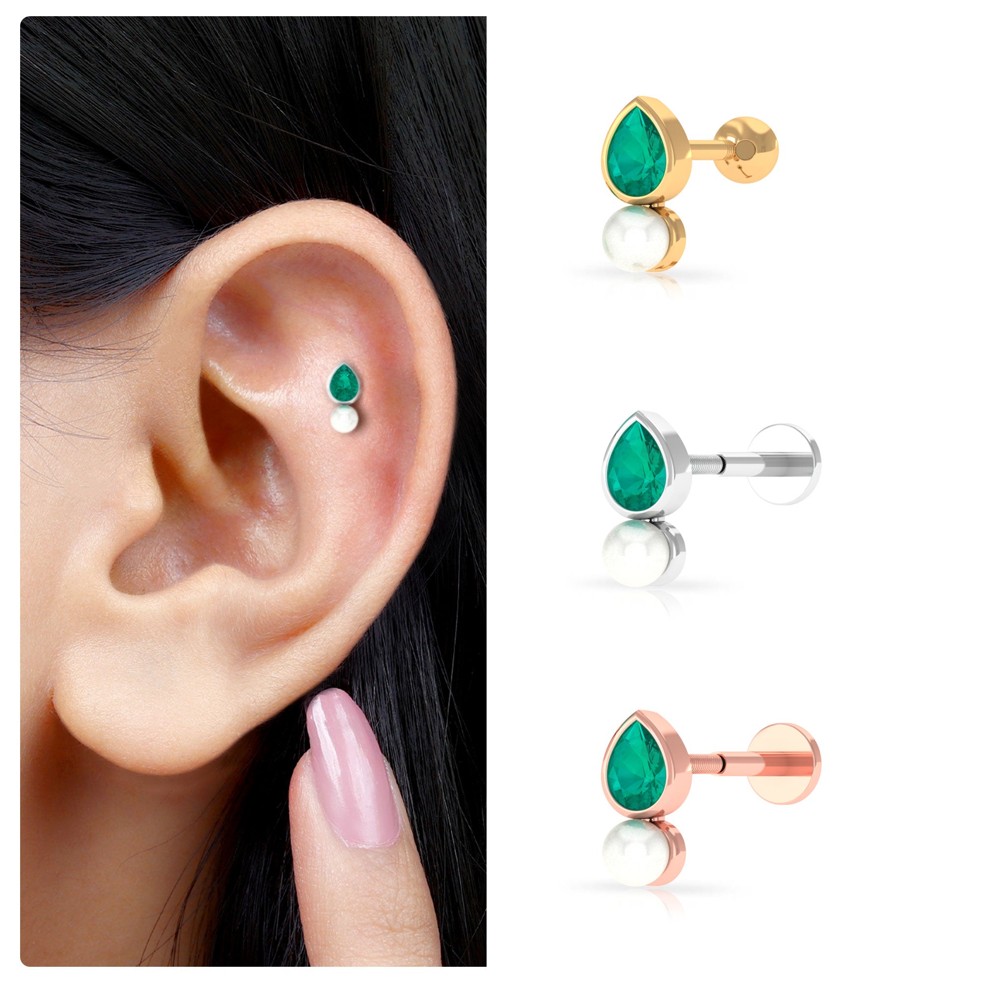 Rosec Jewels-Pear Cut Green Emerald and Freshwater Pearl Tragus Earring