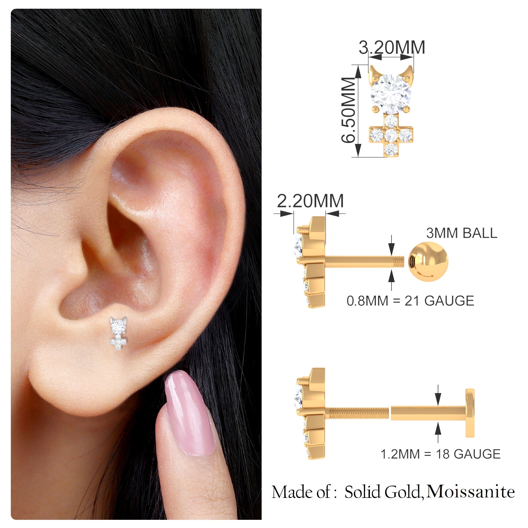 Rosec Jewels-Round Moissanite Devil Helix Earring in Gold