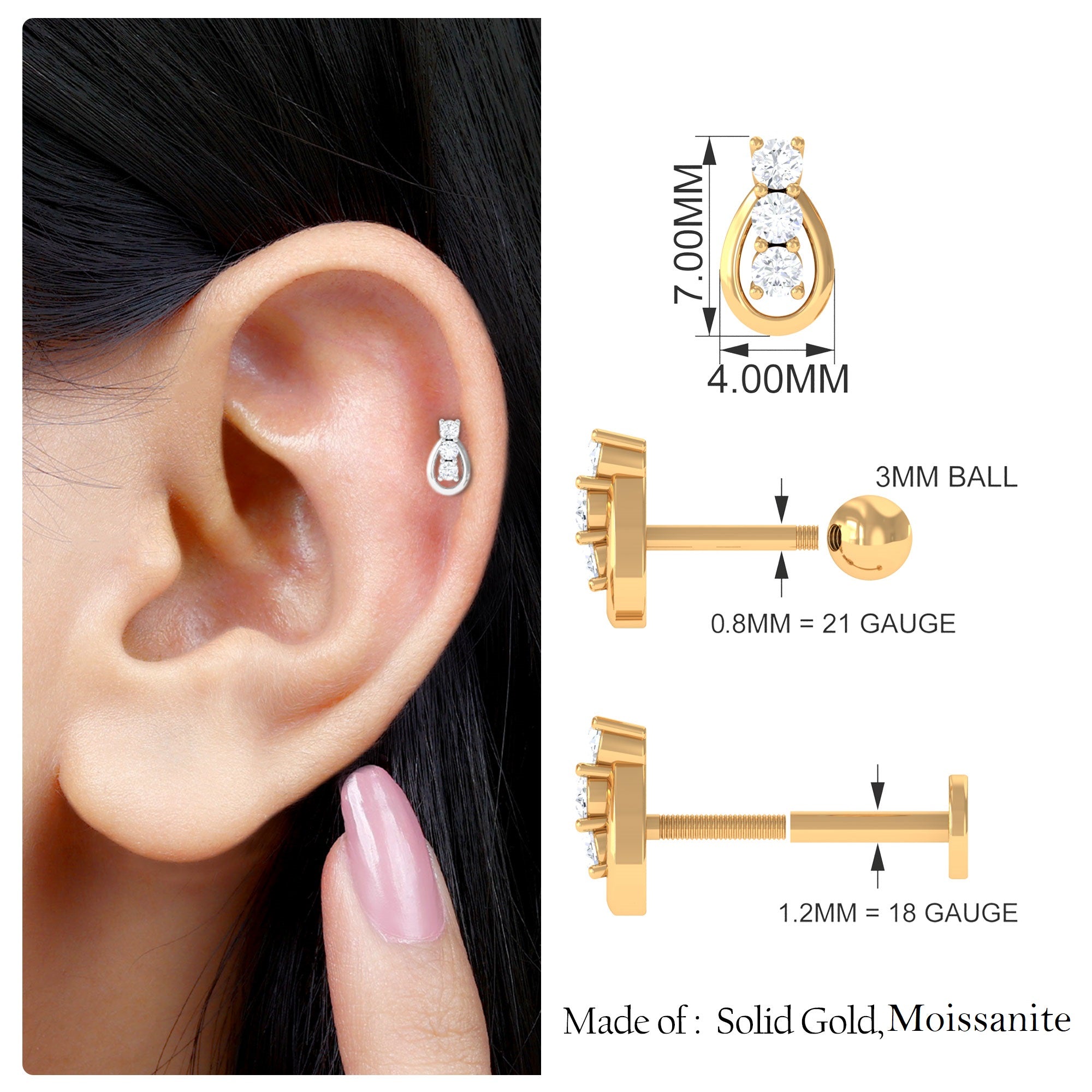 Rosec Jewels-Round Moissanite Unique Earring for Tragus Piercing