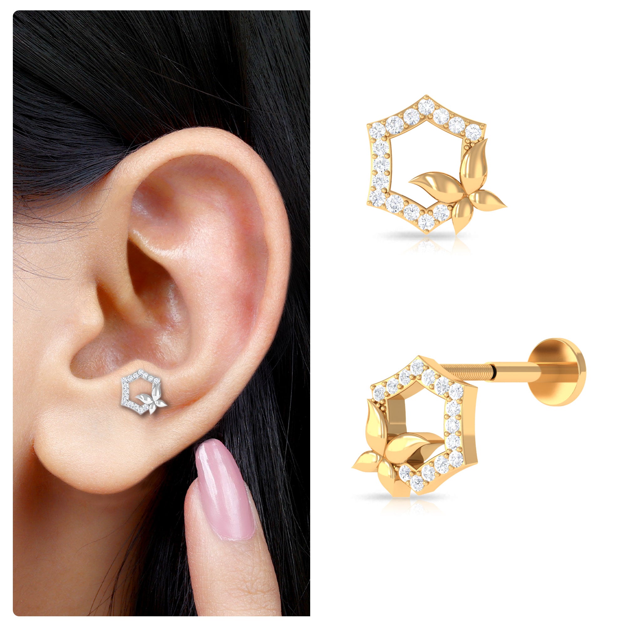 Rosec Jewels-Real Diamond Unique Flower Cartilage Earring