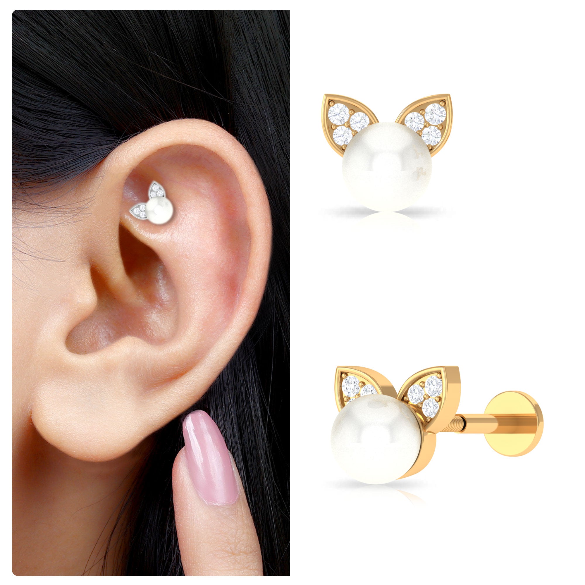 Rosec Jewels-Cute Freshwater Pearl and Moissanite Cat Cartilage Earring