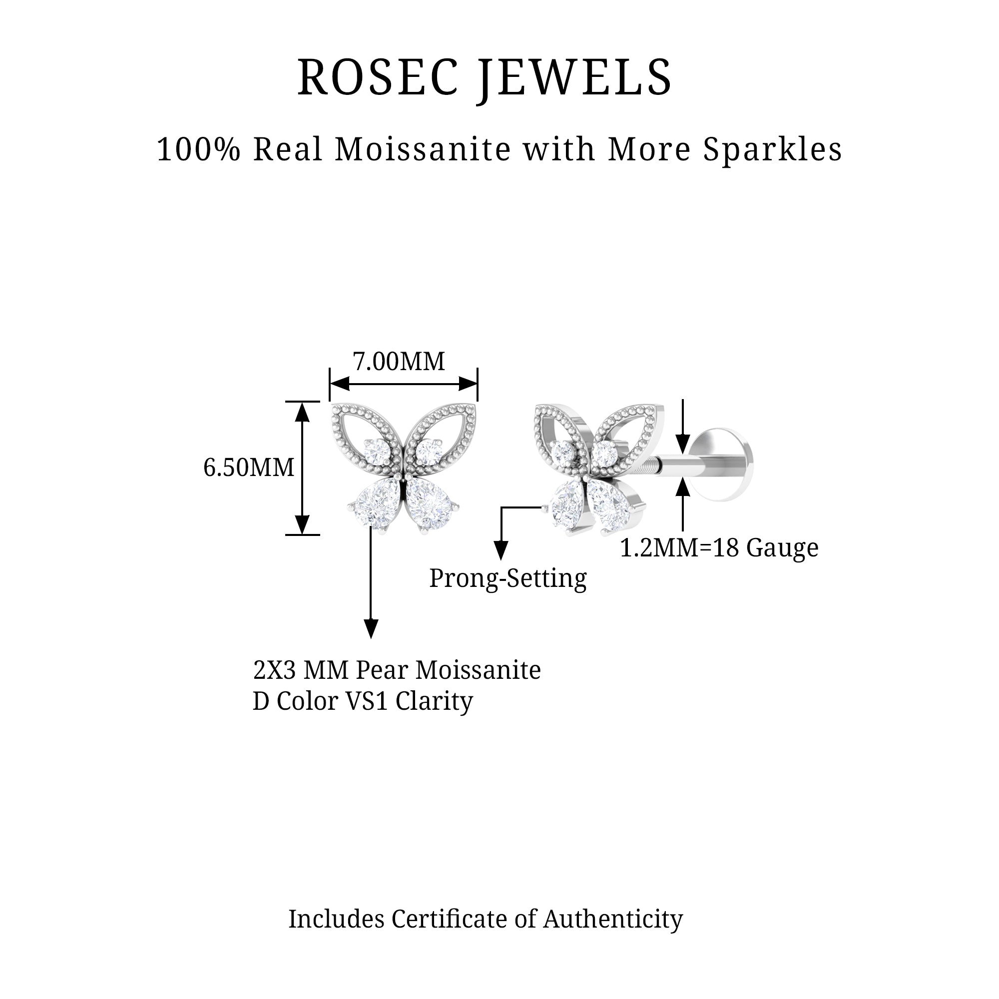 Rosec Jewels-Elegant Pear Moissanite Butterfly Cartilage Earring