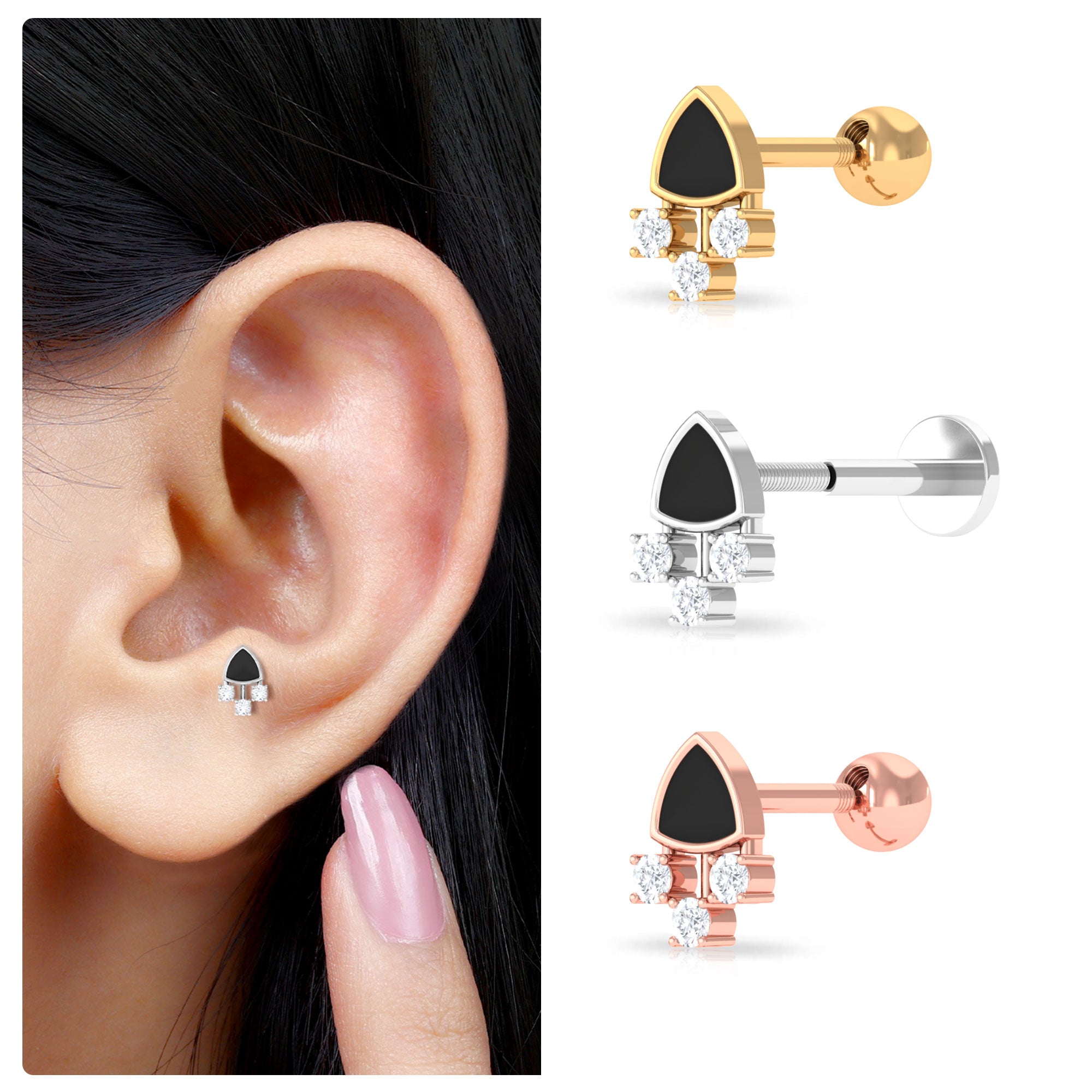 Rosec Jewels-Genuine Diamond Black Enamel 3 Stone Tragus Earring