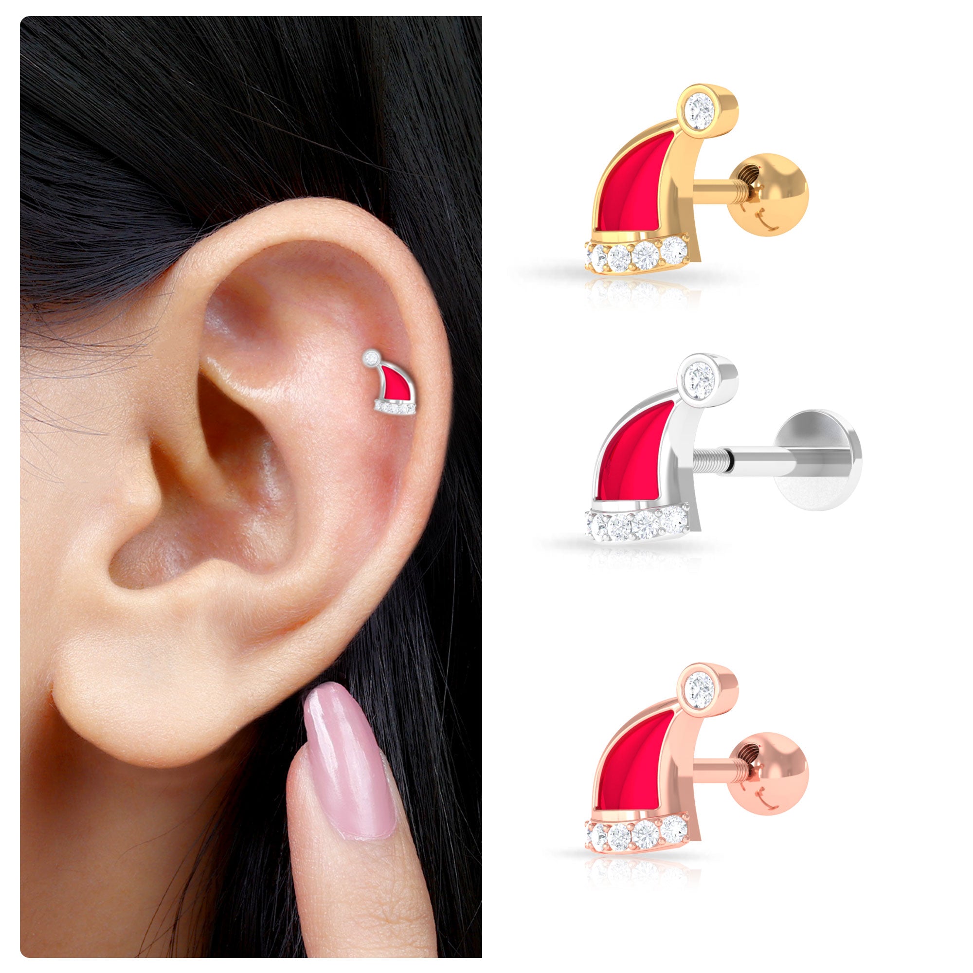 Rosec Jewels-Diamond and Red Enamel Christmas Santa Hat Helix Earring