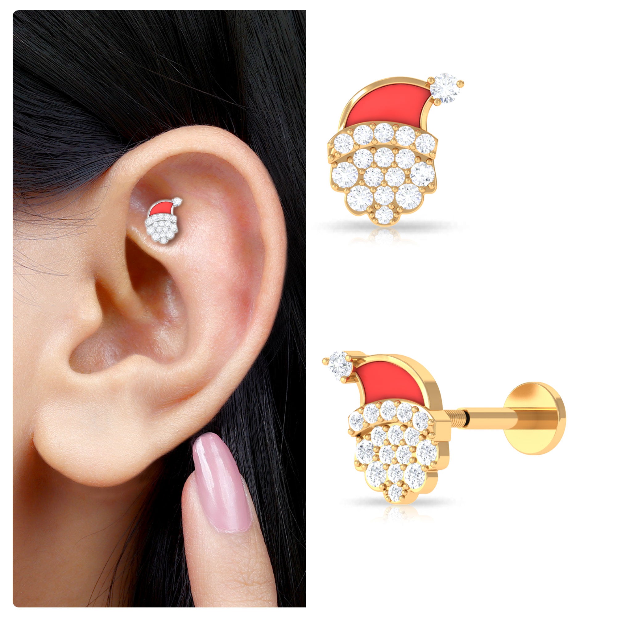 Rosec Jewels-Certified Moissanite Xmas Santa Helix Earring with Red Enamel