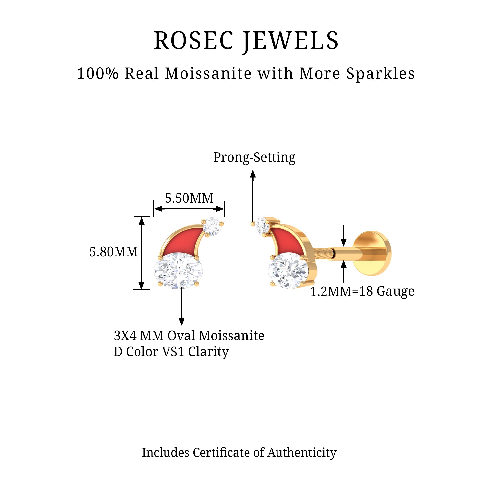 Rosec Jewels-Oval Moissanite Red Enamel Santa Hat Cartilage Earring