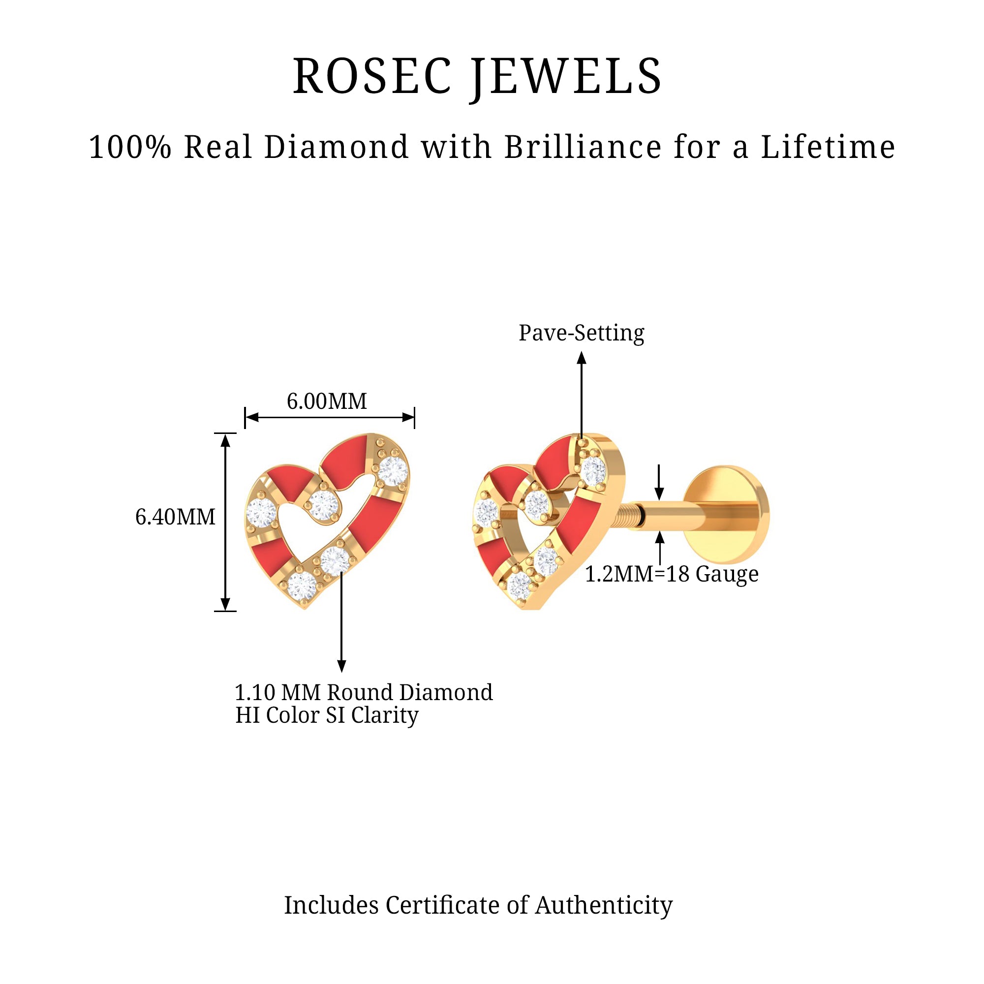 Rosec Jewels-Real Diamond Heart Cartilage Earring with Red Enamel