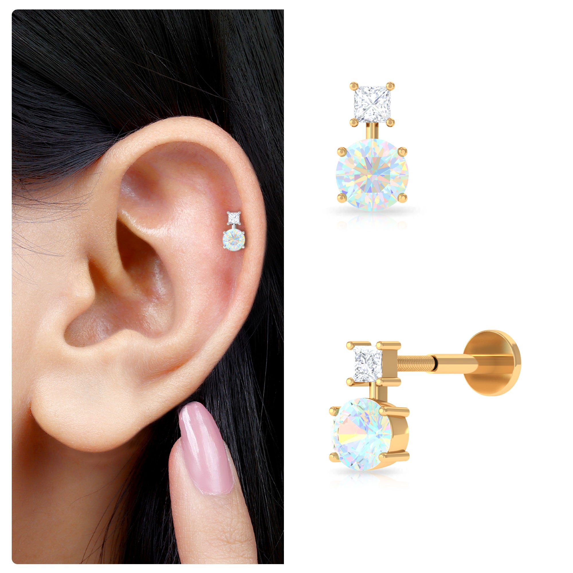 Rosec Jewels-Round Ethiopian Opal Two Stone Helix Earring with Diamond