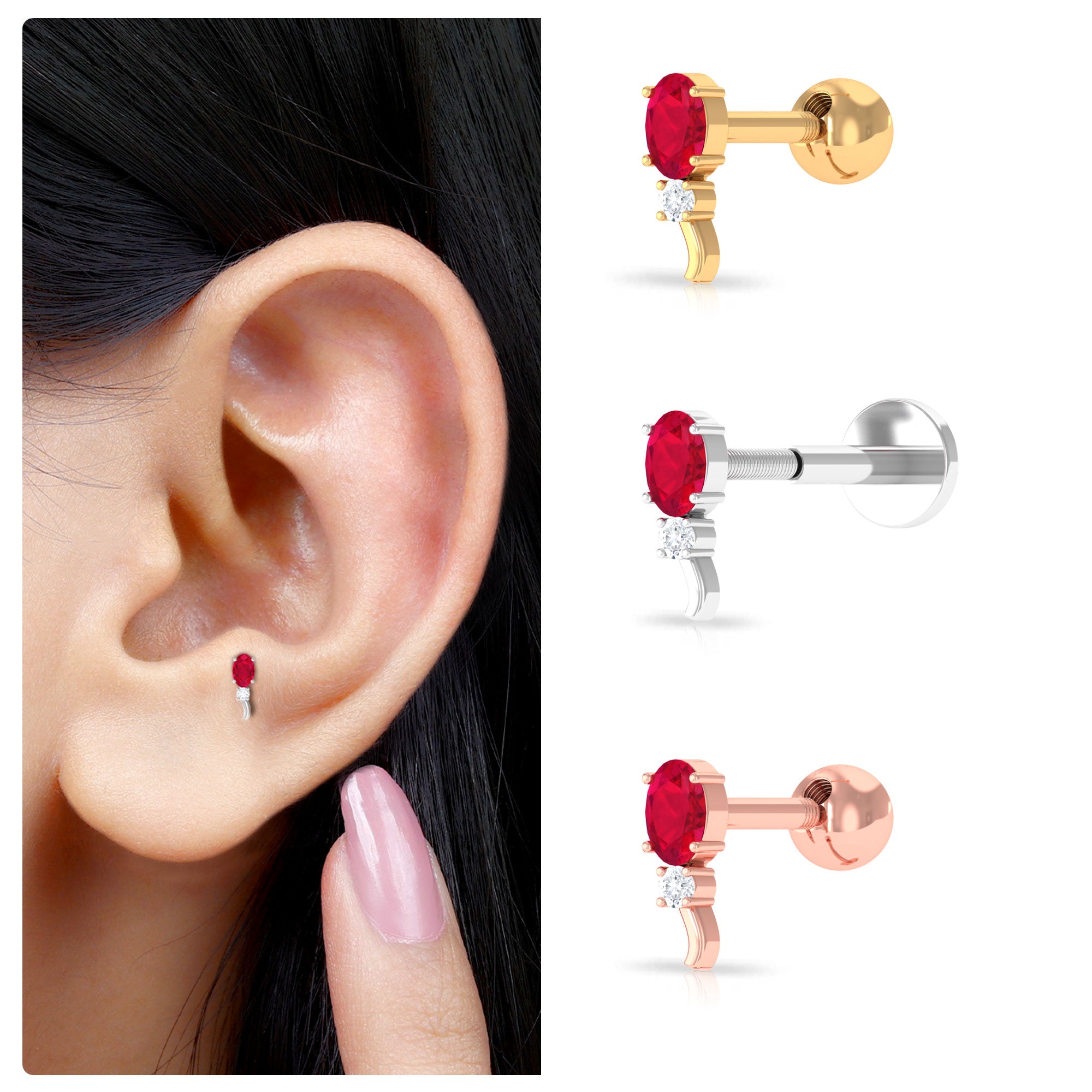 Rosec Jewels-Unique Oval Ruby Forward Helix Earring with Diamond