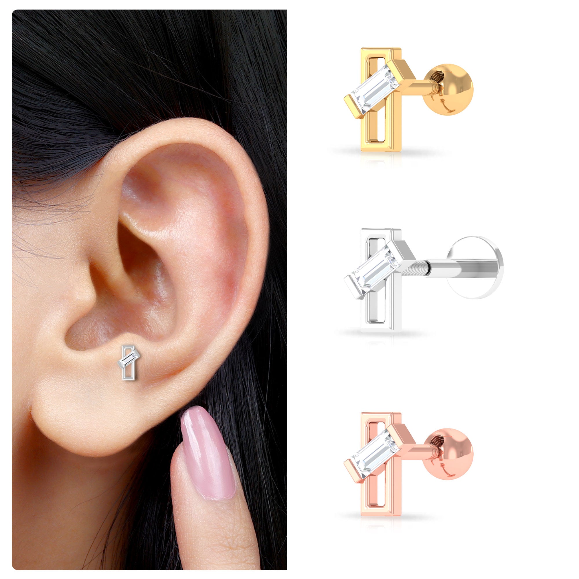 Rosec Jewels-Baguette Diamond Minimal Tragus Earring in Bar Setting