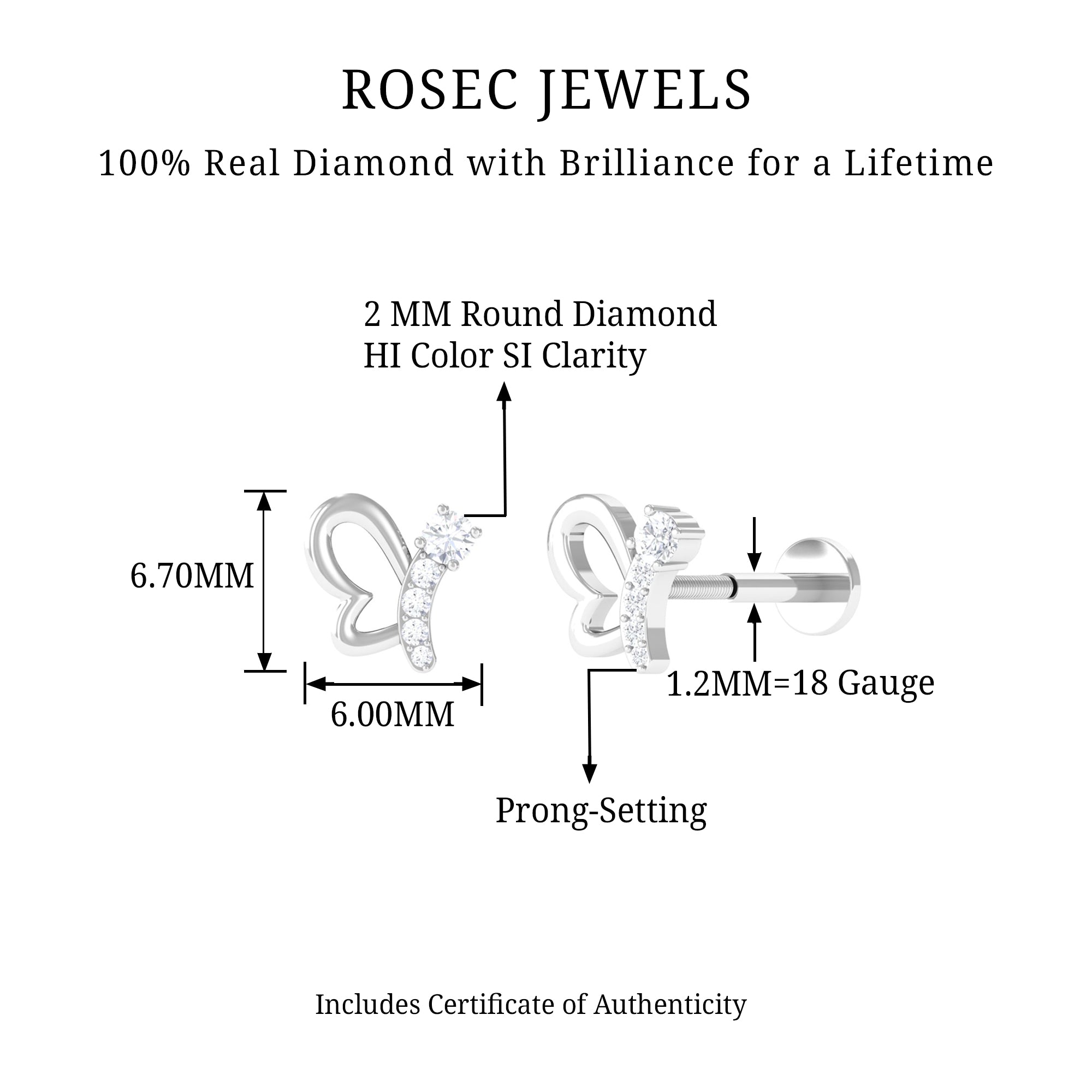 Rosec Jewels-Real Diamond Butterfly Earring for Cartilage Piercing