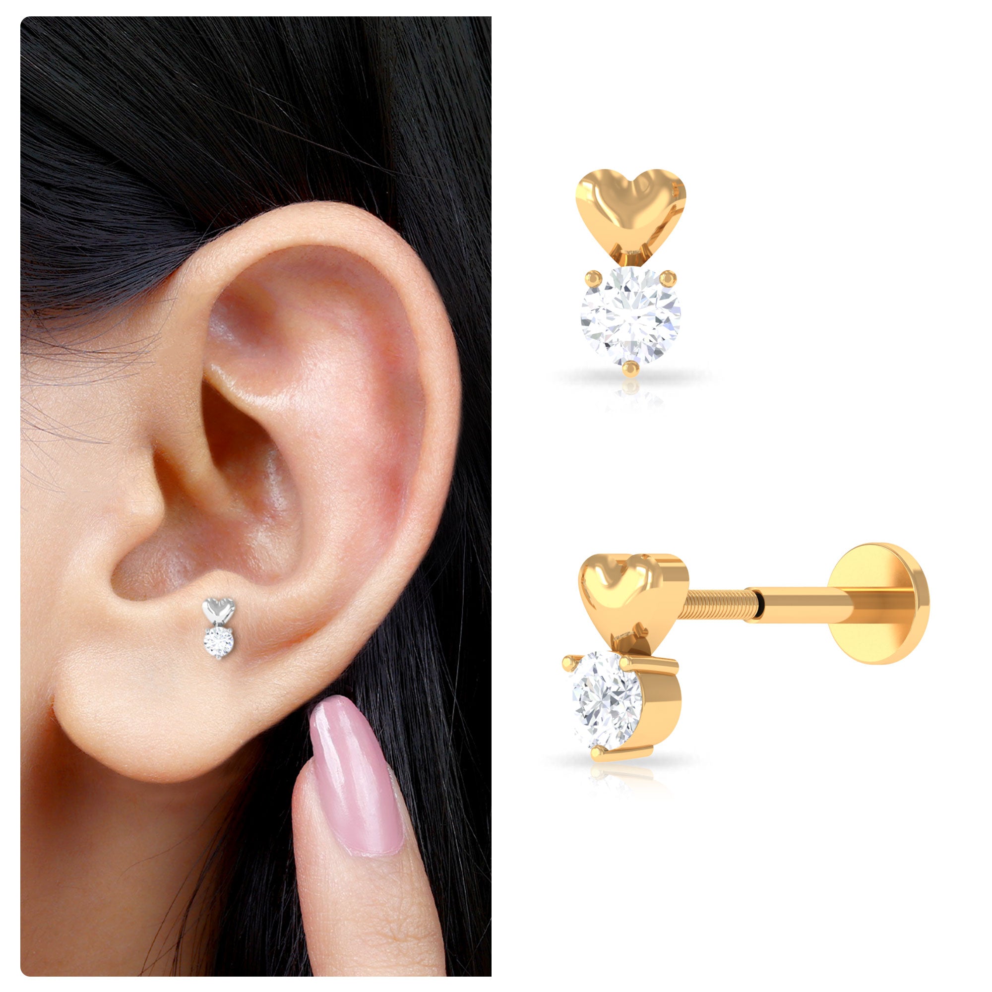 Rosec Jewels-Round Moissanite Heart Tragus Earring in Gold