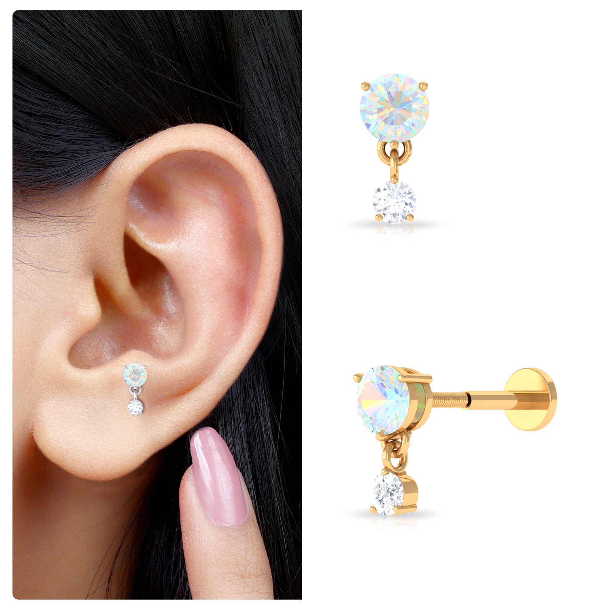 Rosec Jewels-Ethiopian Opal Moissanite Helix Drop Earring in Gold