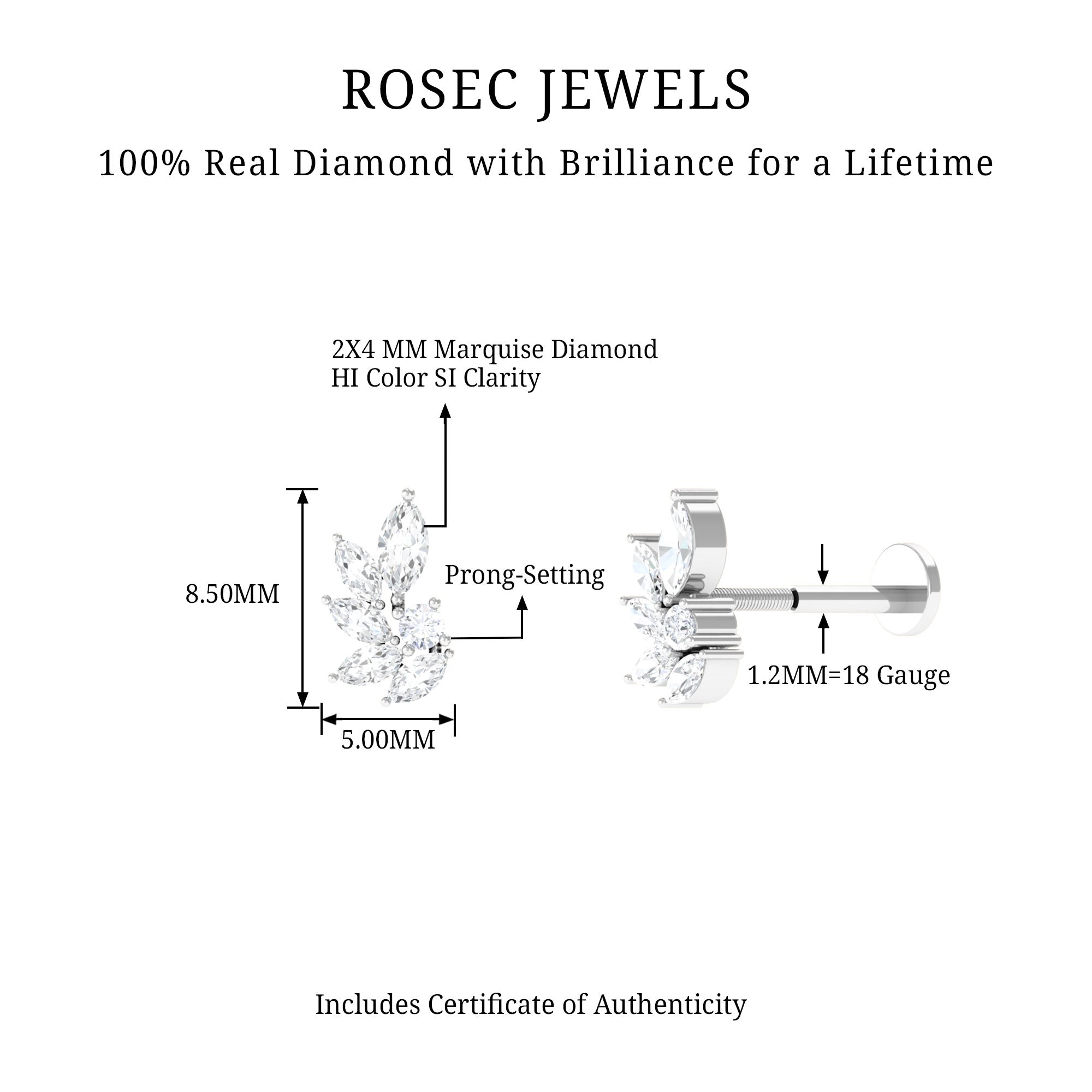 Rosec Jewels-Marquise Diamond Leaf Cluster Earring for Cartilage Piercing