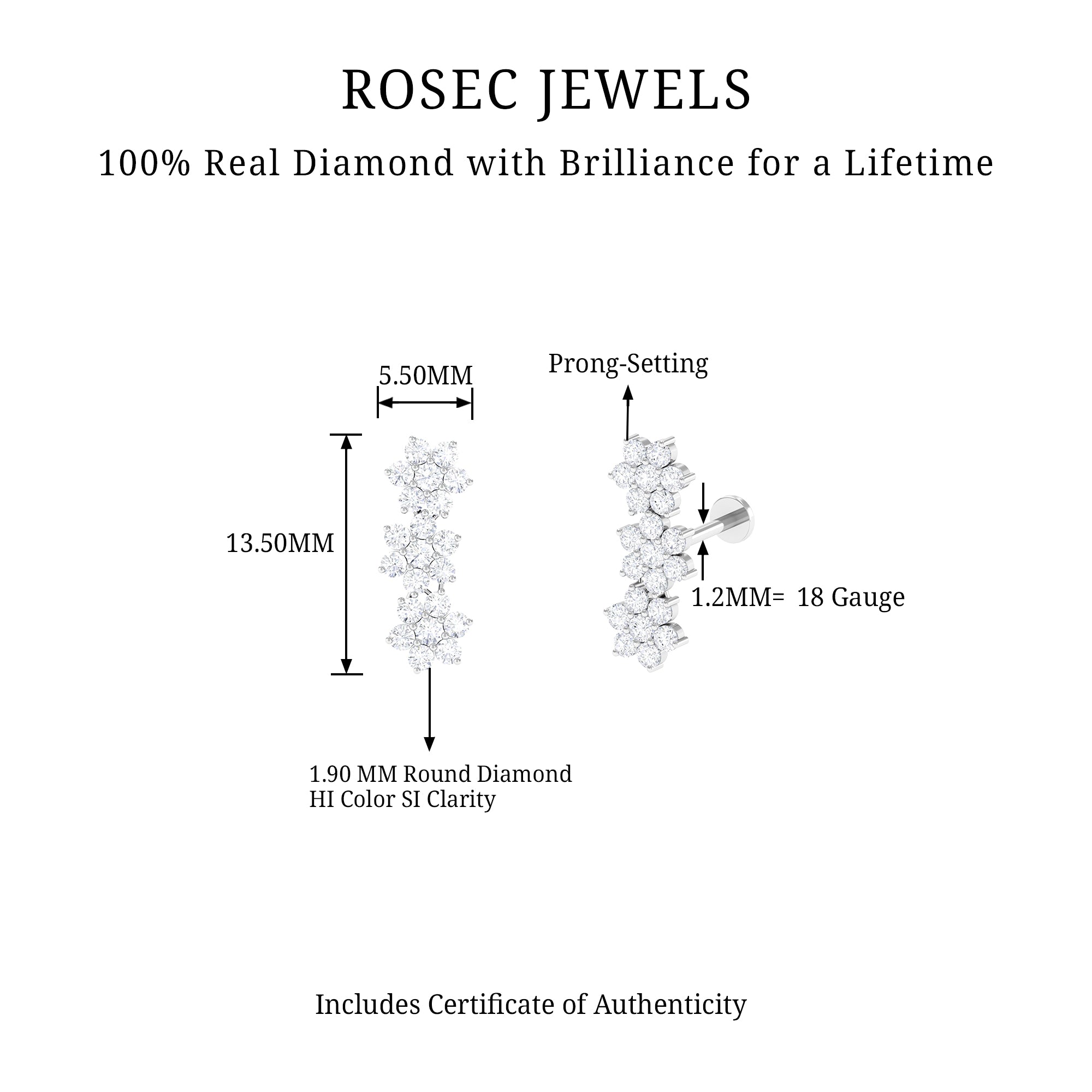 Rosec Jewels-Diamond Three Flower Crawler Earring for Helix Piercing