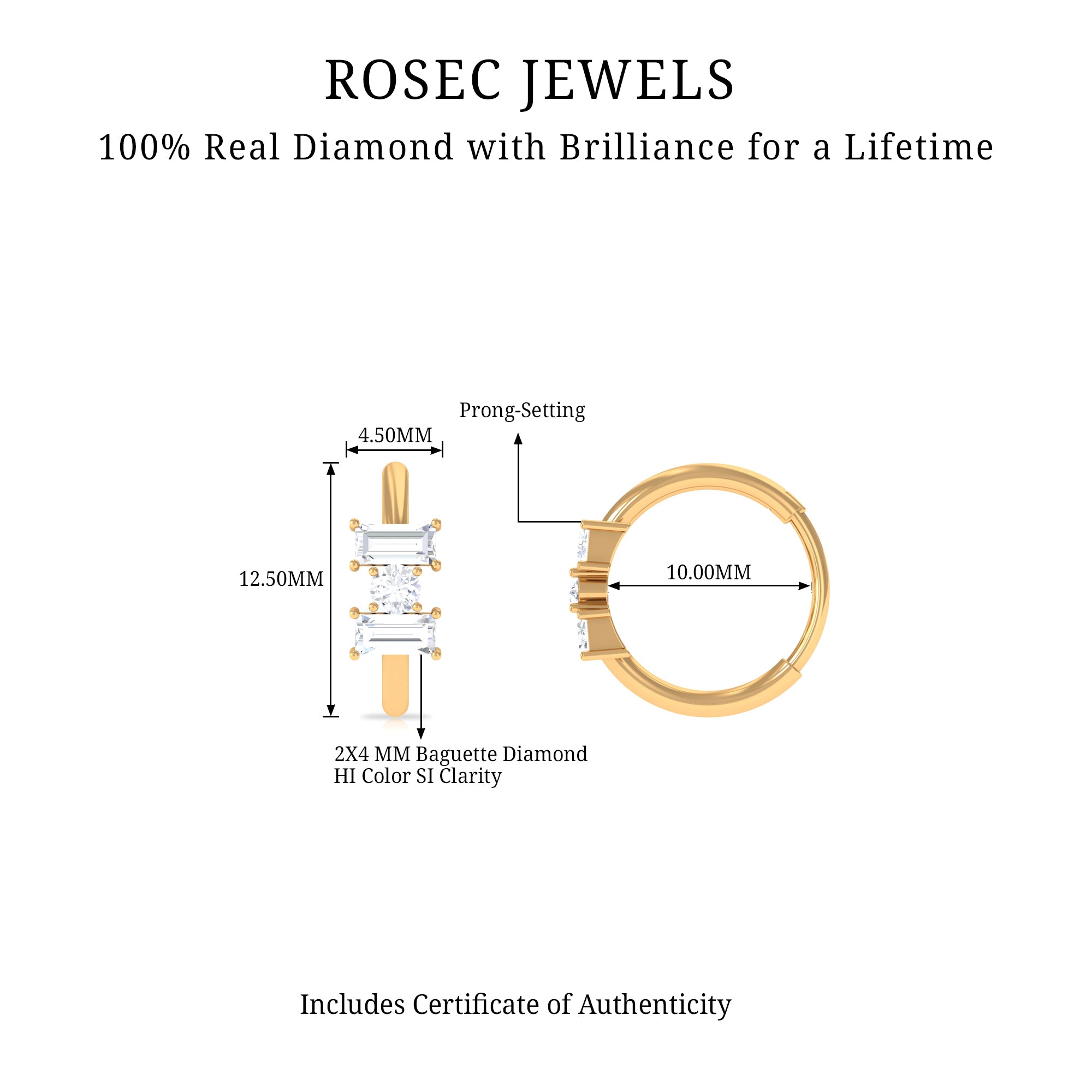 Rosec Jewels-Baguette Diamond Three Stone Hoop for Conch Piercing