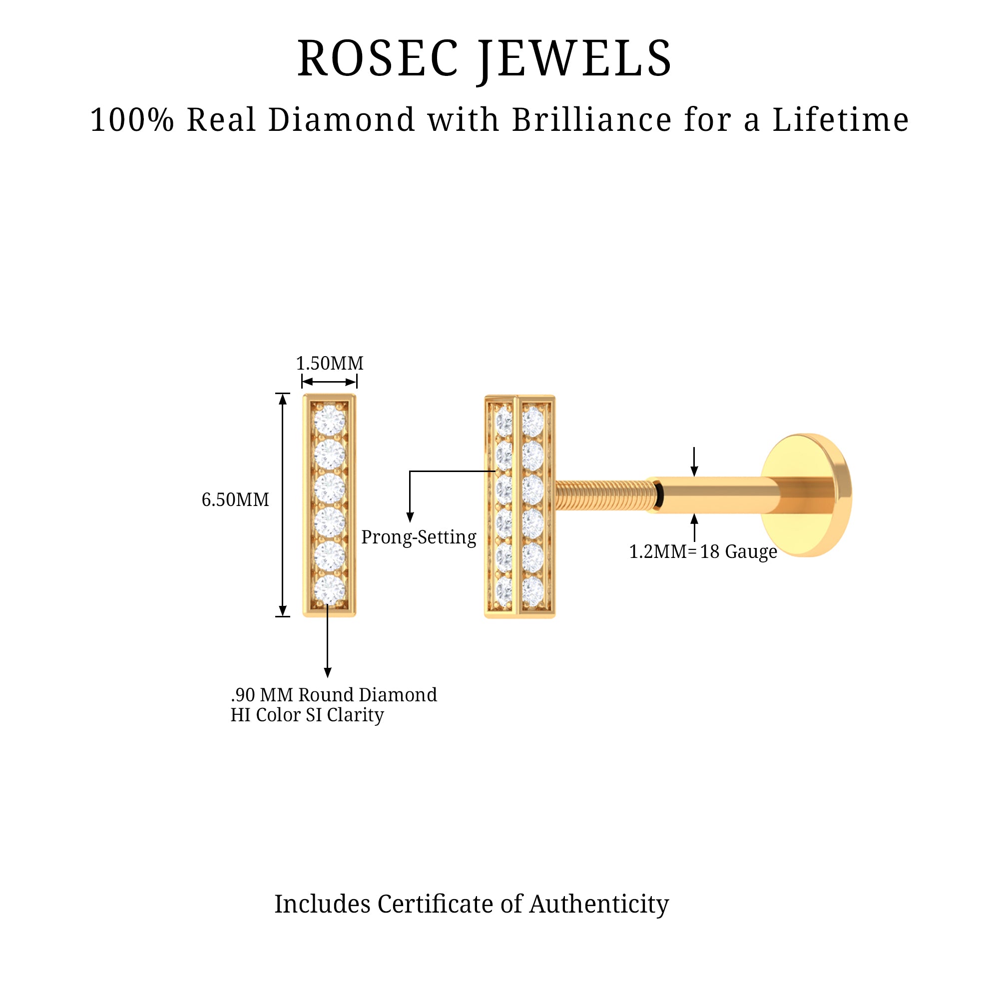 Rosec Jewels-Genuine Diamond Bar Earring for Tragus Piercing