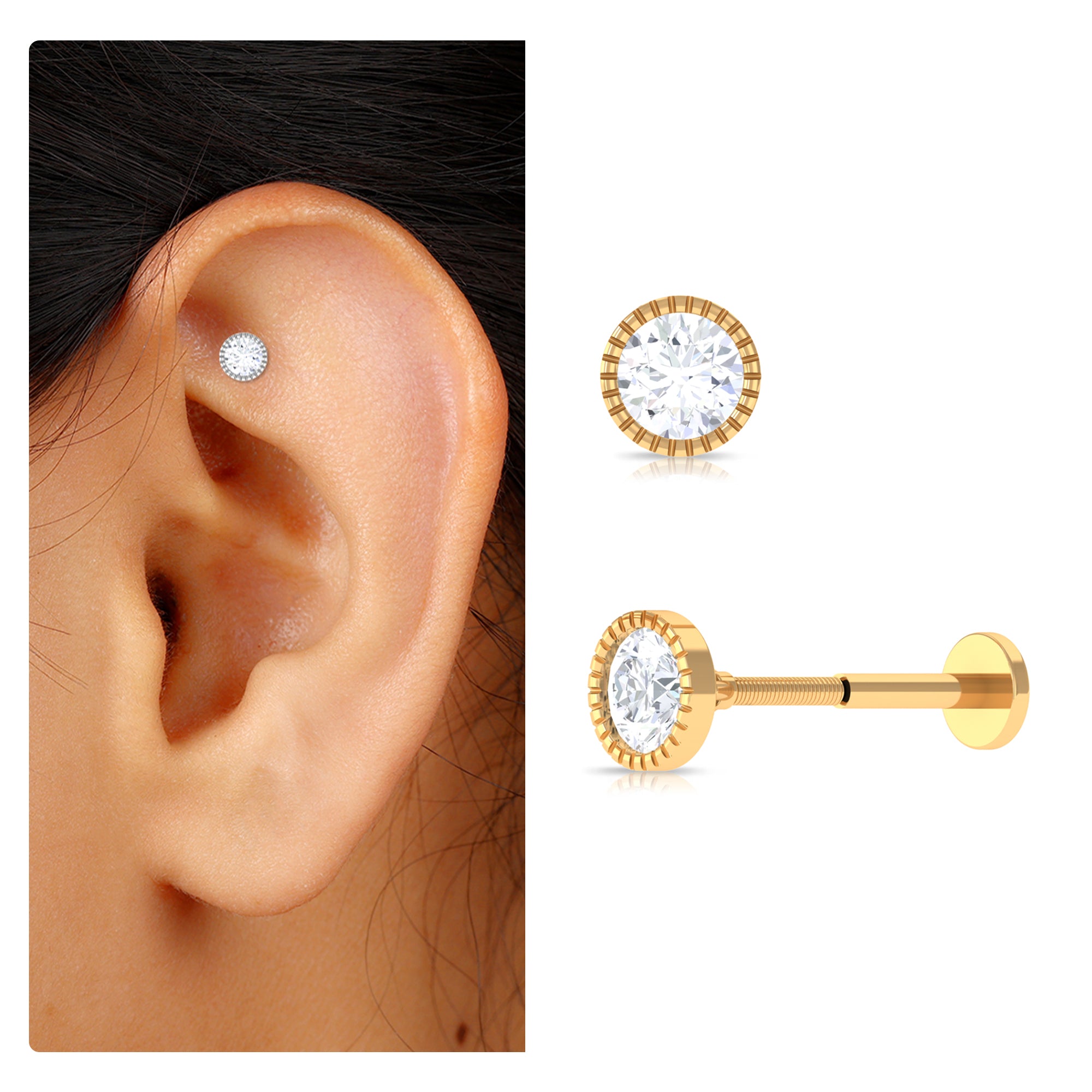 Rosec Jewels-Bezel Set Diamond Solitaire Stud Earring for Helix Piercing