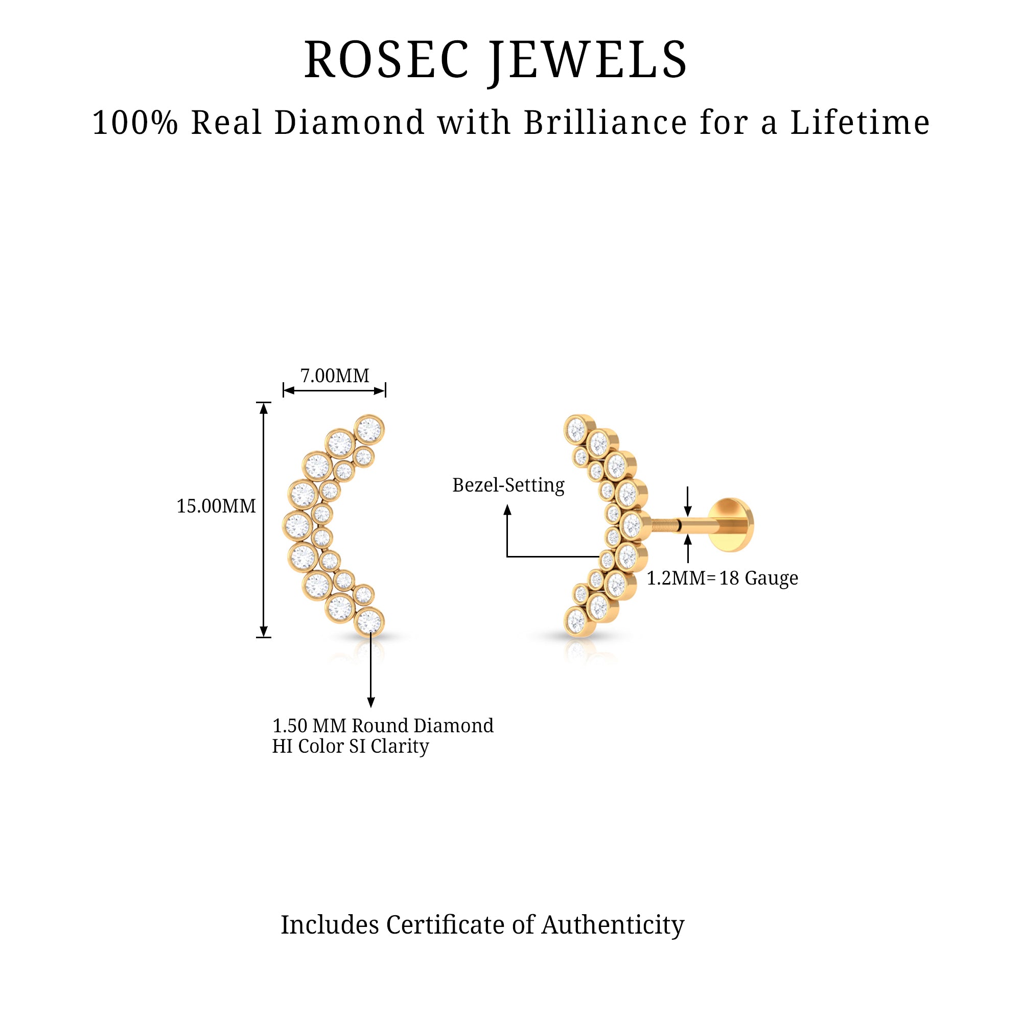 Rosec Jewels-Bezel Set Diamond Ear Crawler Earring with Flat Back