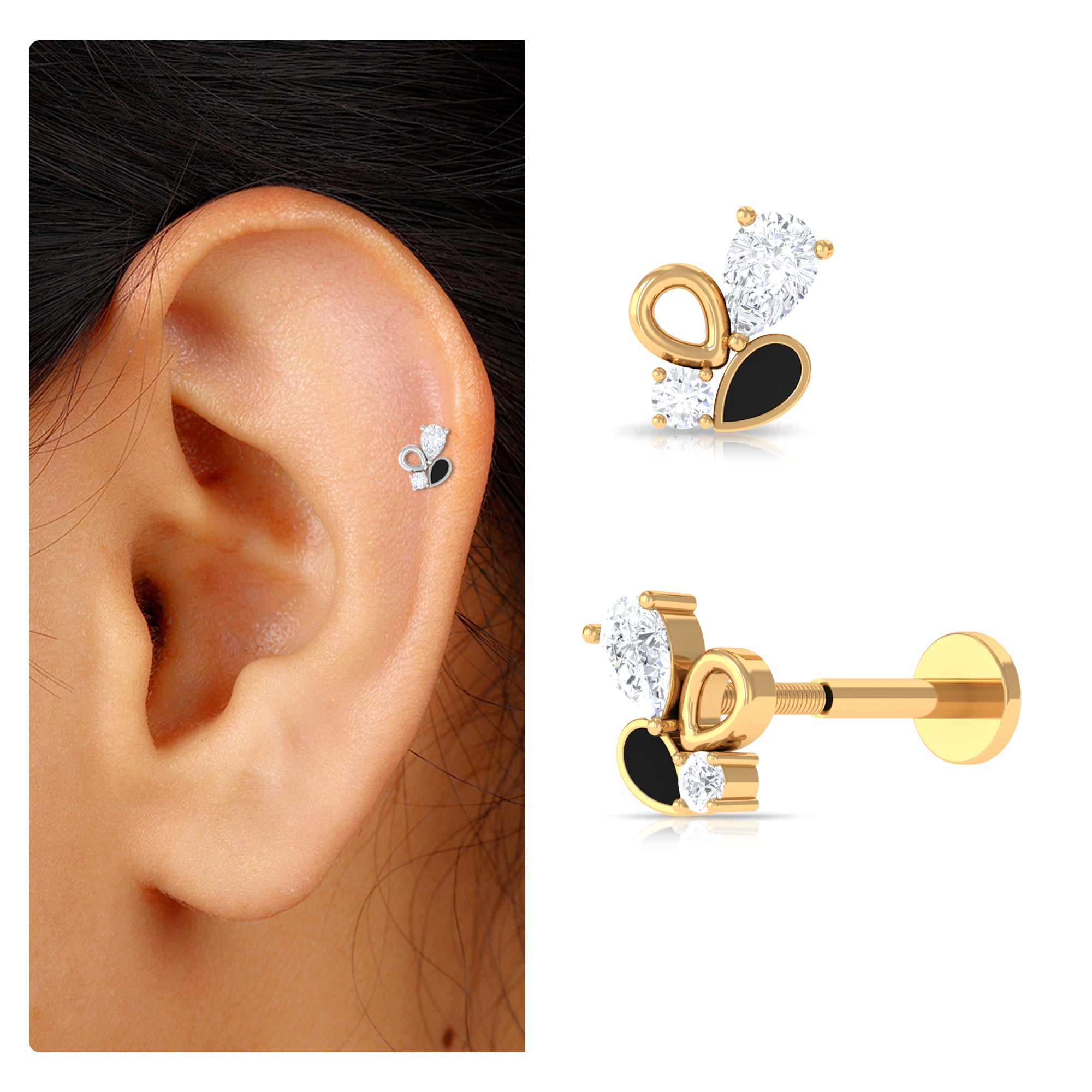 Rosec Jewels-Real Diamond Leaf Helix Earring with Black Enamel