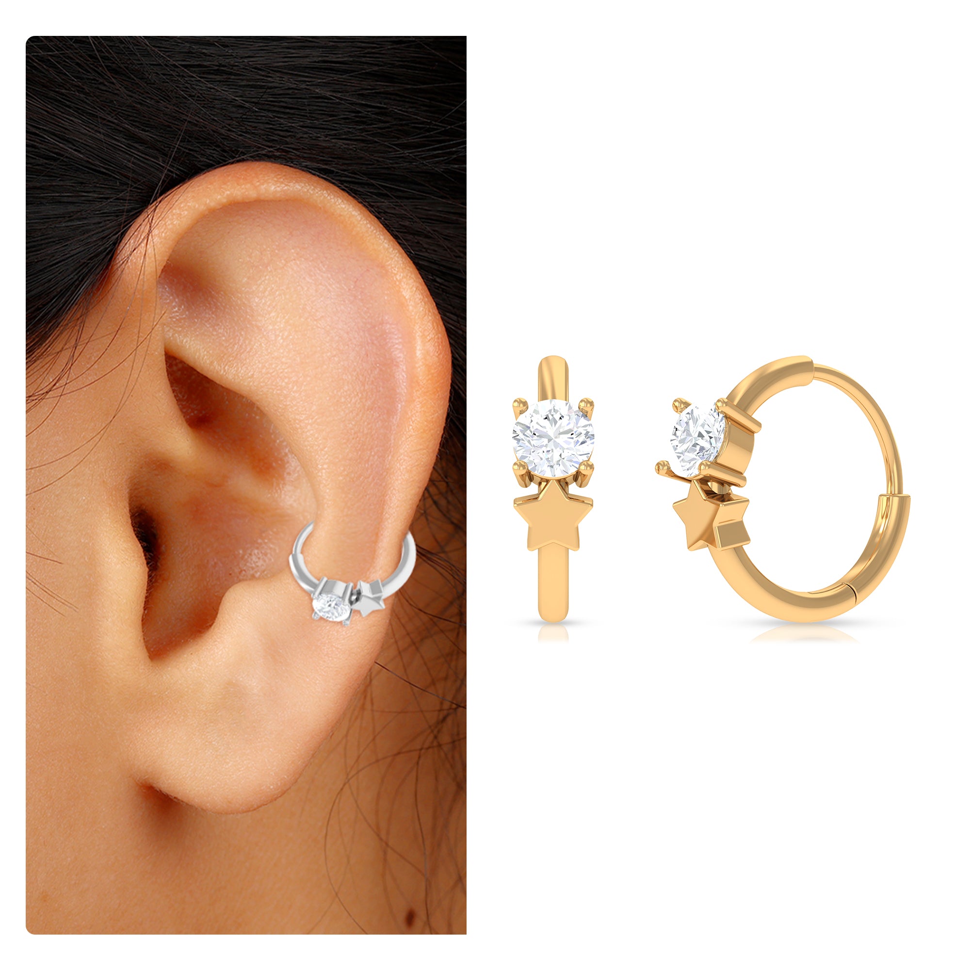 Rosec Jewels-Round Moissanite Star Cartilage Hoop Earring