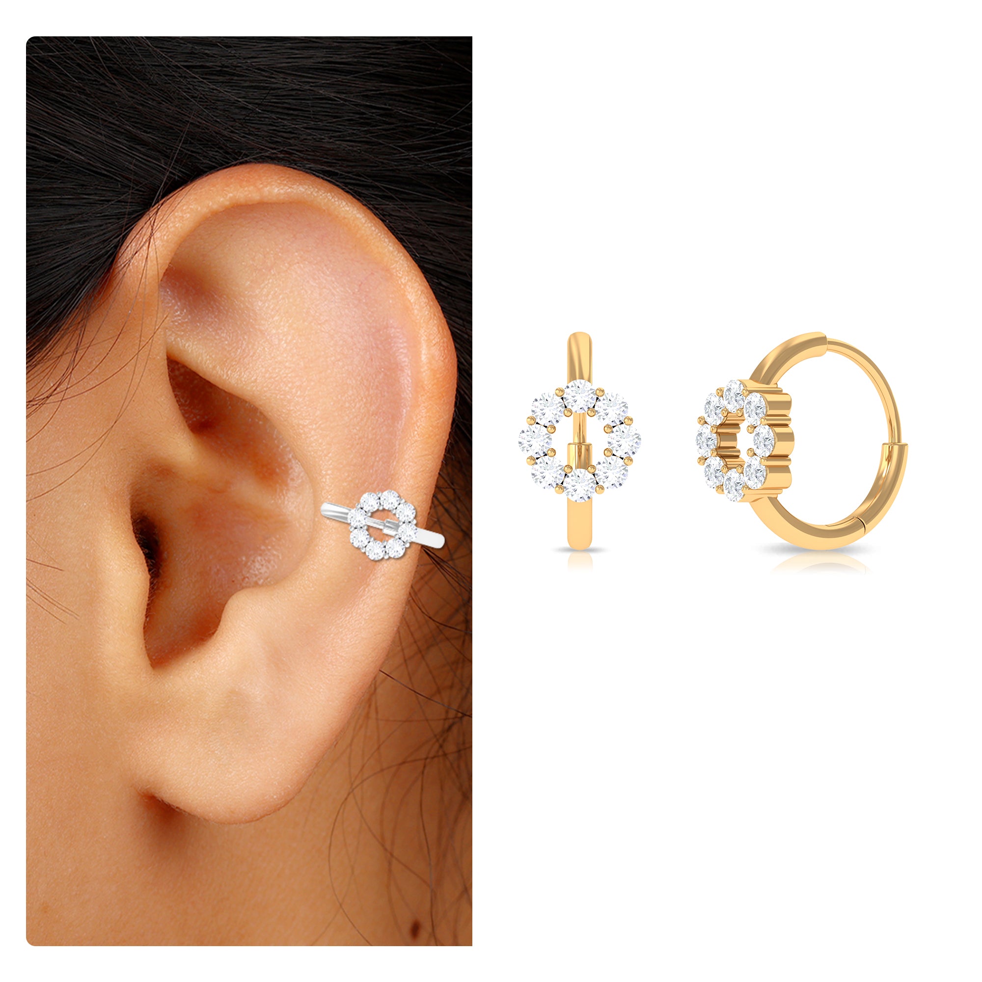 Rosec Jewels-Round Moissanite Gold Huggie Hoop for Conch Piercing