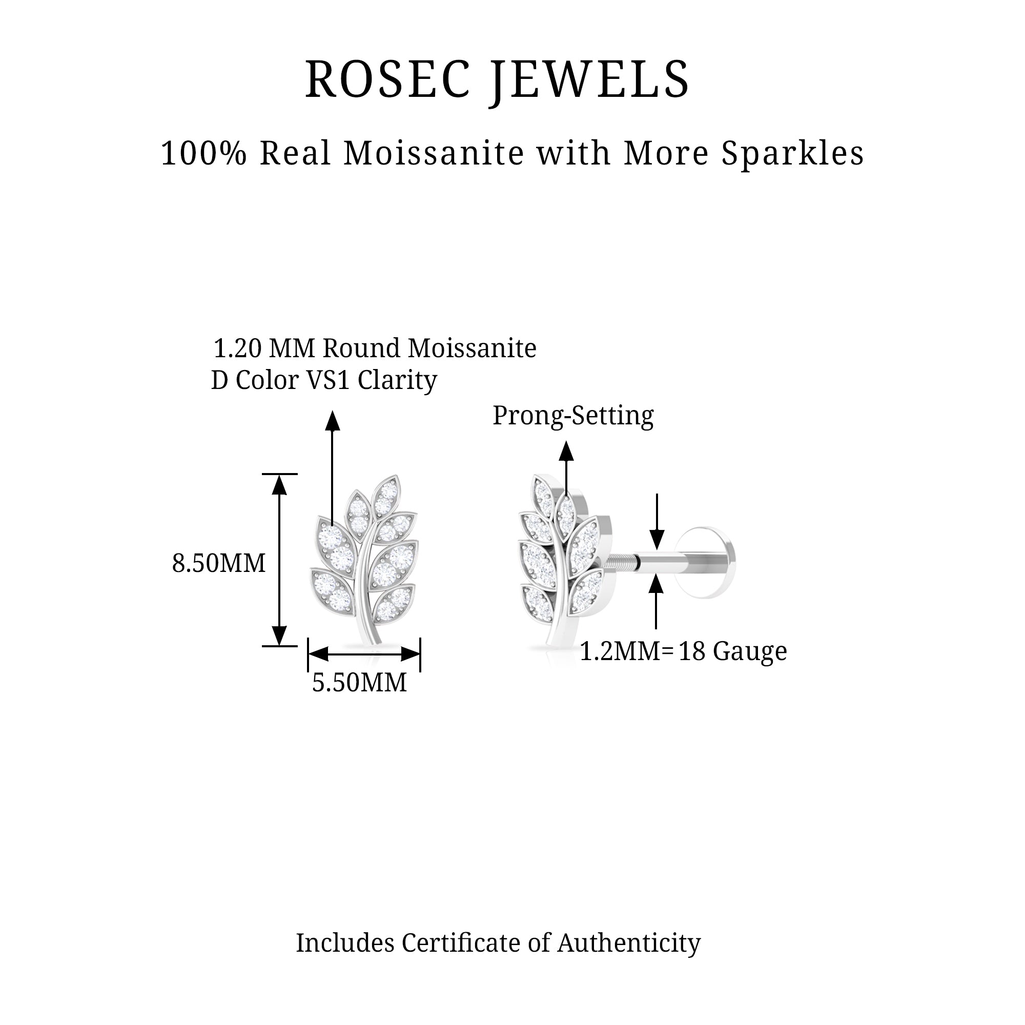 Rosec Jewels-Minimal Moissanite Gold Leaf Earring for Conch Piercing