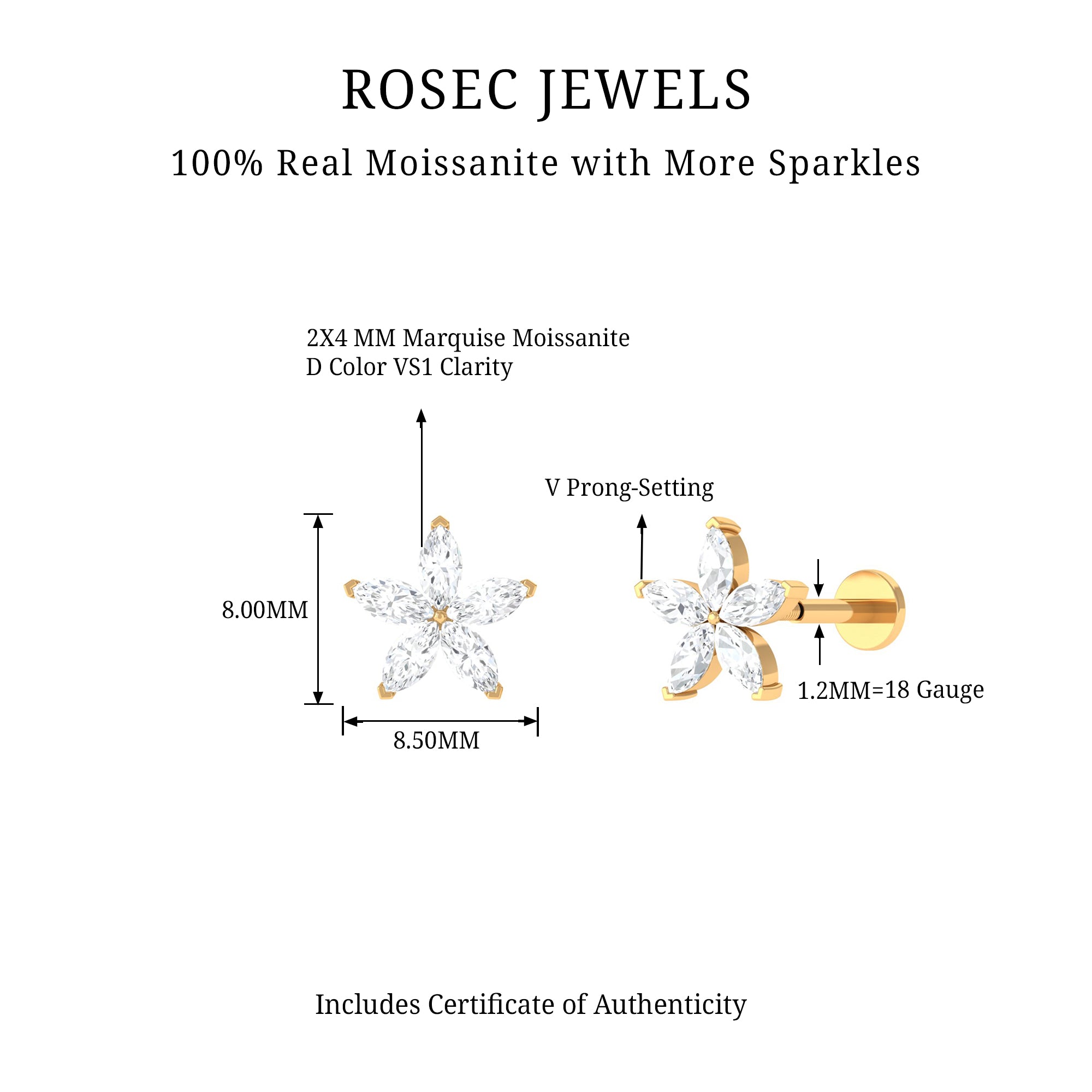 Rosec Jewels-Marquise Moissanite Floral Earring for Cartilage Piercing