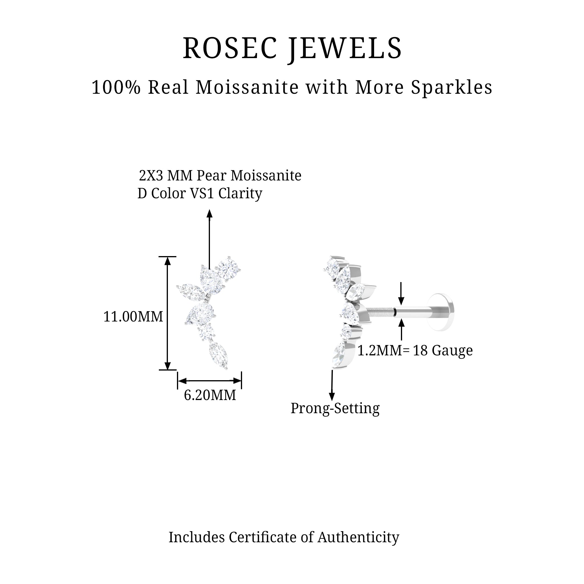 Rosec Jewels-Exquisite Moissanite Curved Crawler Earring for Helix Piercing