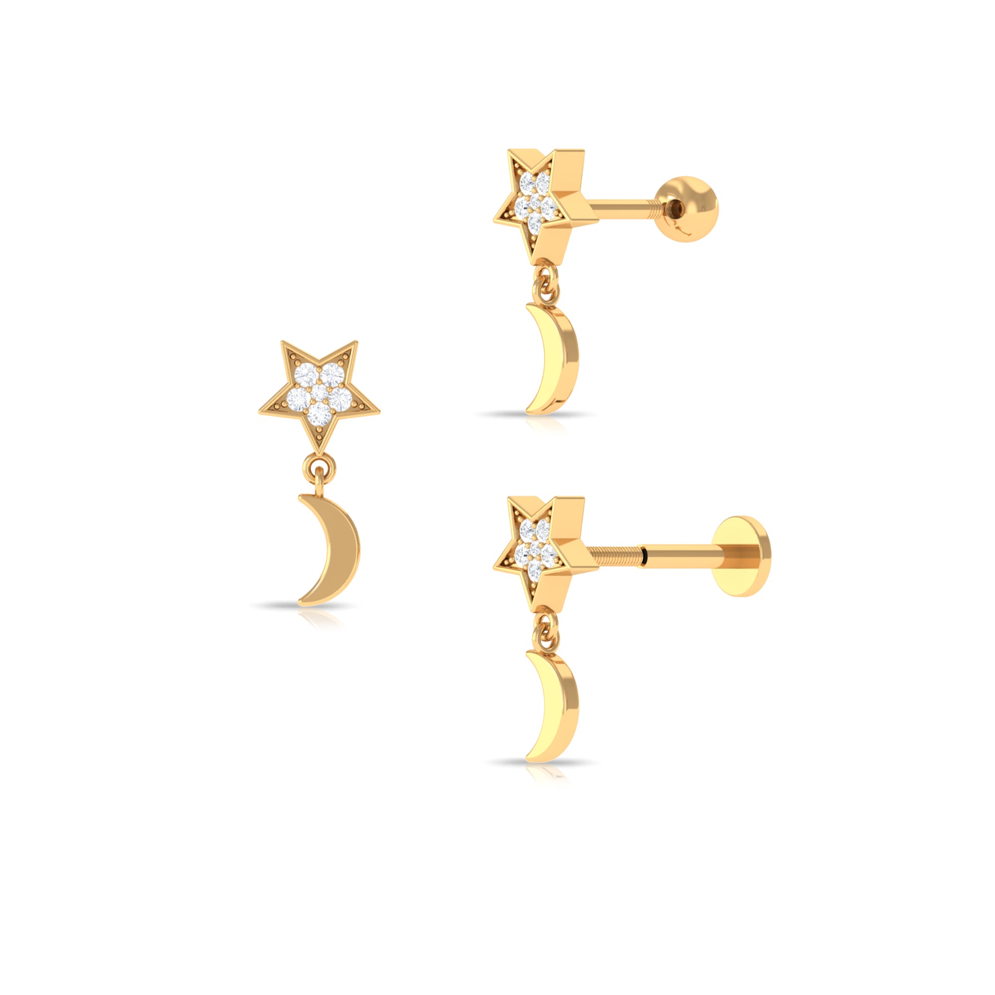 Rosec Jewels-Moissanite Moon and Star Dangle Earring in Gold