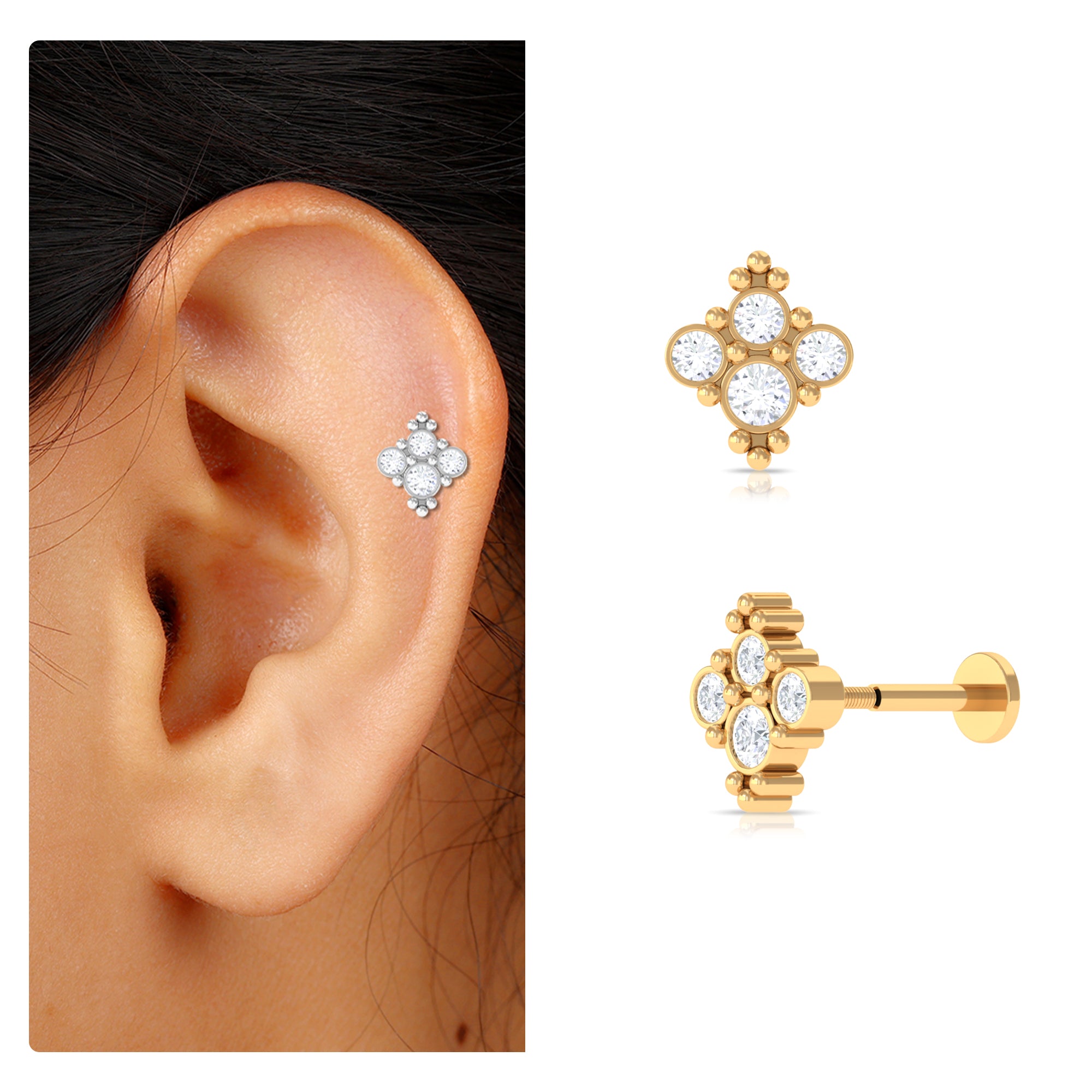 Rosec Jewels-Moissanite Cluster Tragus Earring with Gold Beads