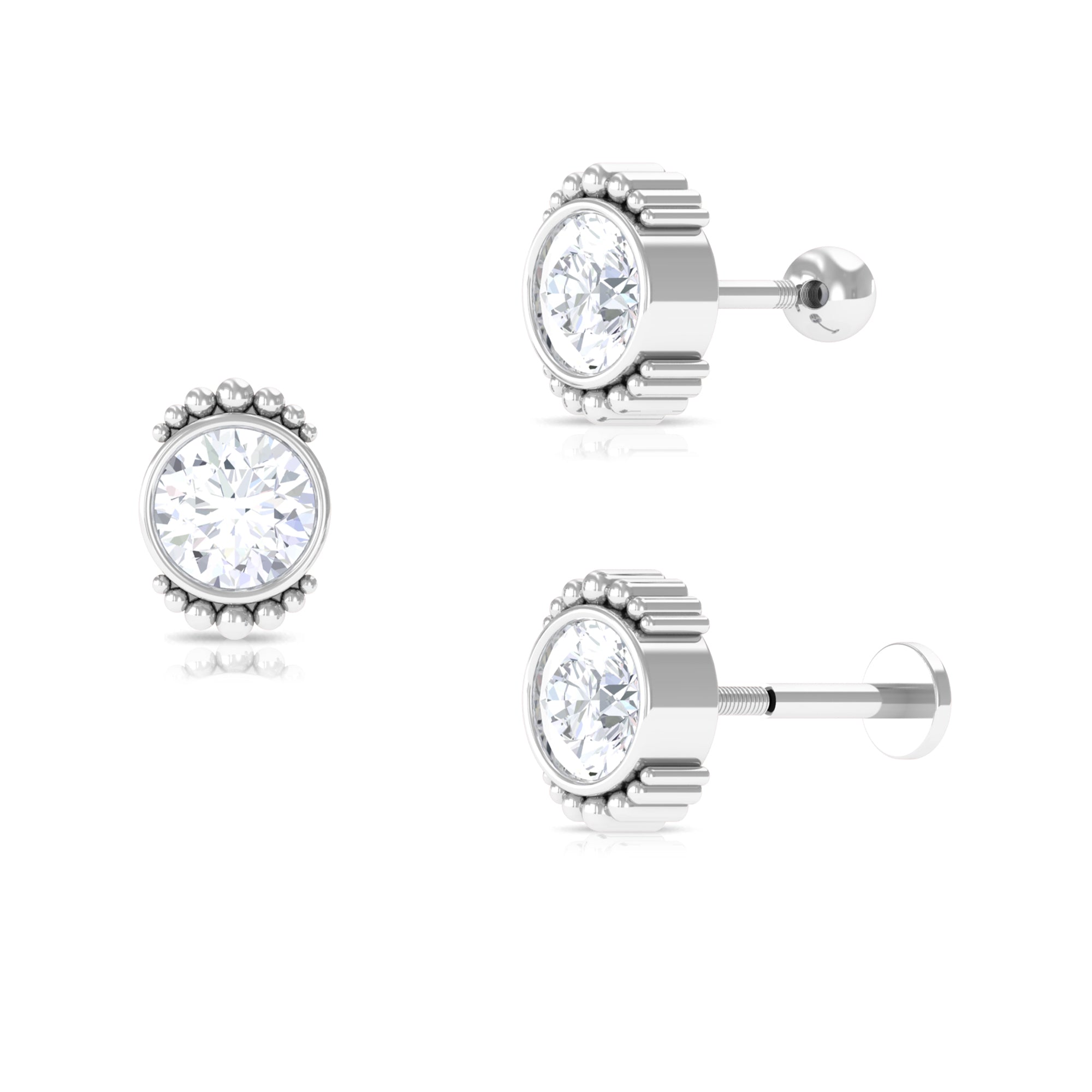 Rosec Jewels-Moissanite Simple Helix Earring in Beaded Bezel Setting