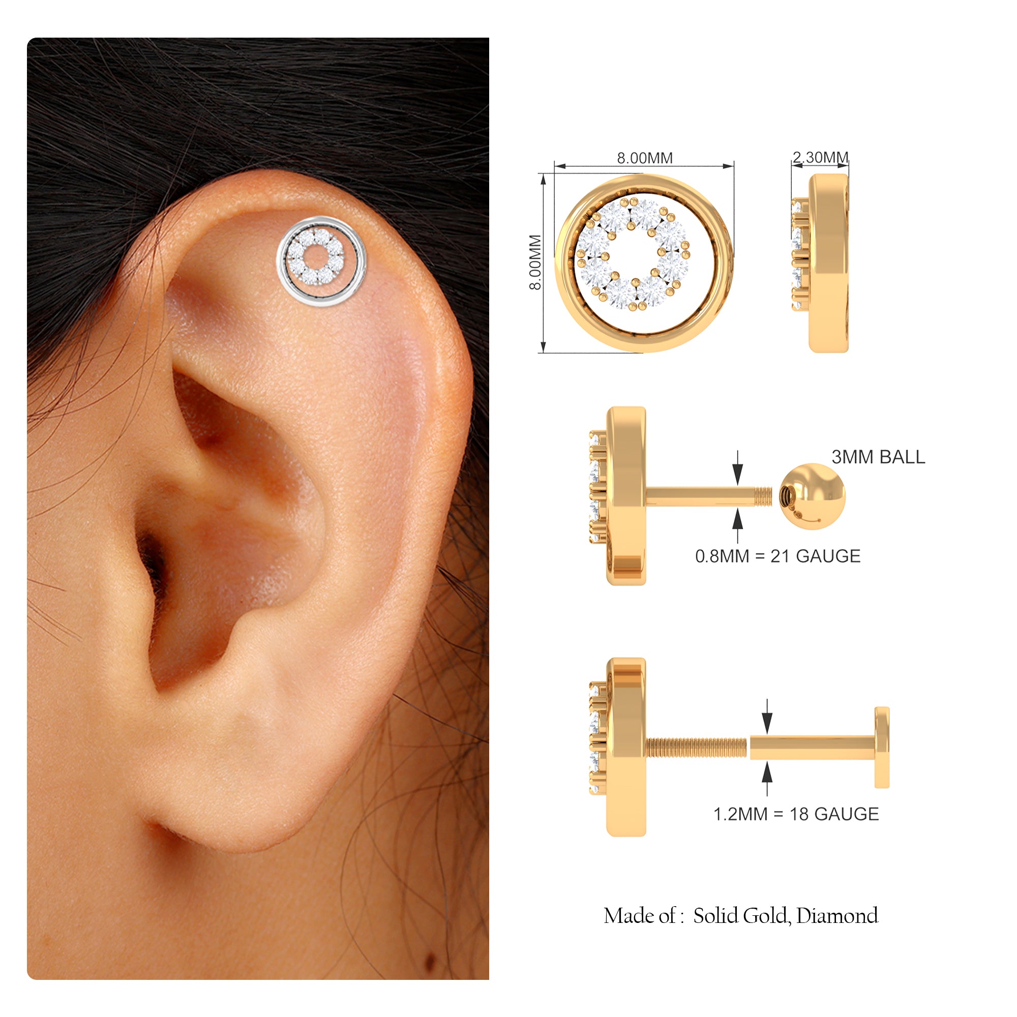 Rosec Jewels-Moissanite Open Circle Earring for Helix Piercing