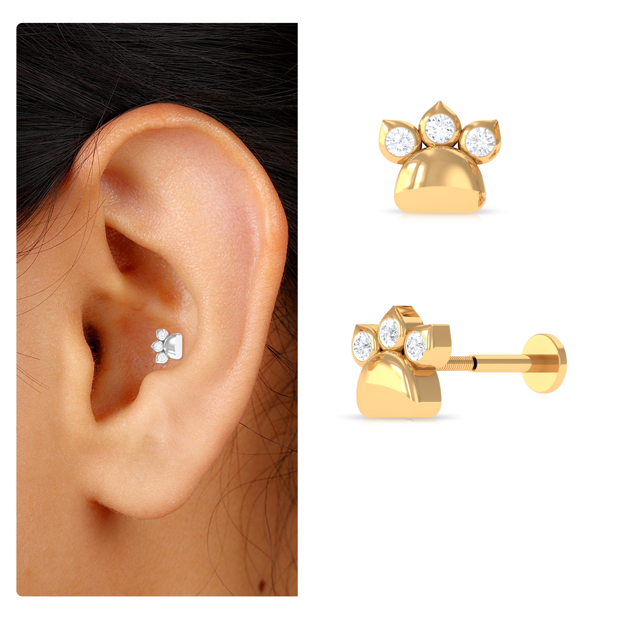 Rosec Jewels-Moissanite Dog Paw Print Helix Earring in Gold