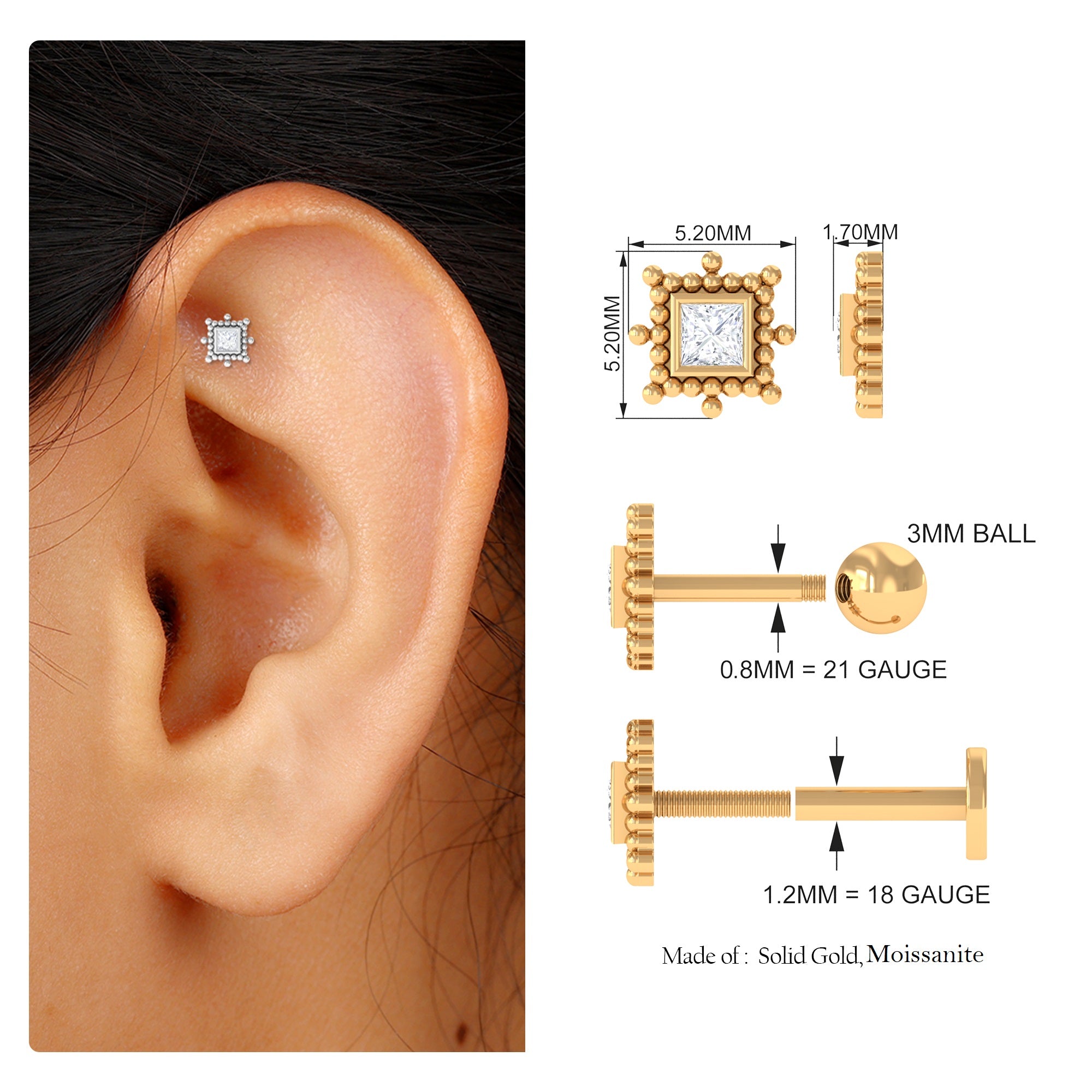 Rosec Jewels-Princess Cut Moissanite Tragus Earring with Gold Beads