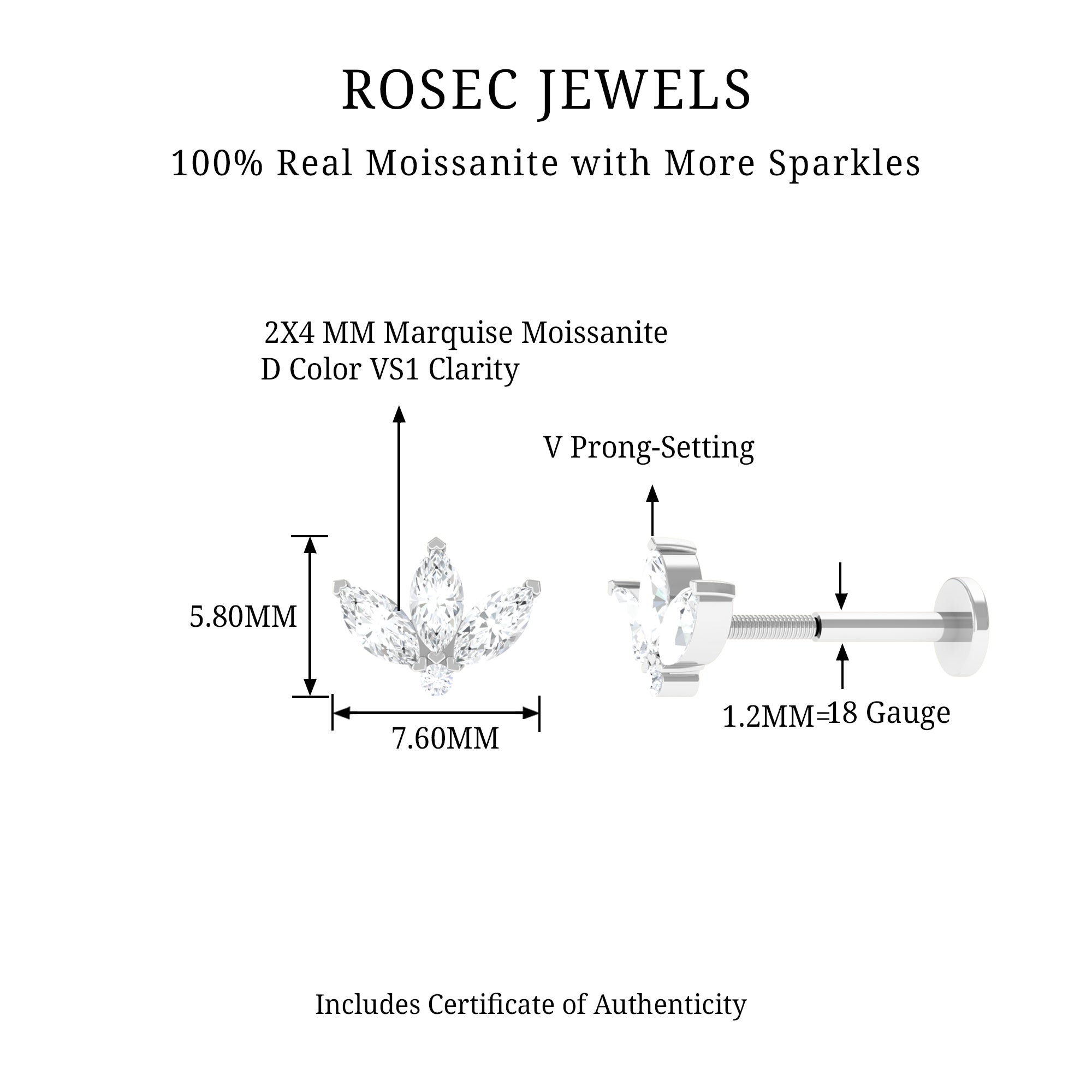 Rosec Jewels-Marquise Moissanite Gold Lotus Flower Helix Earring