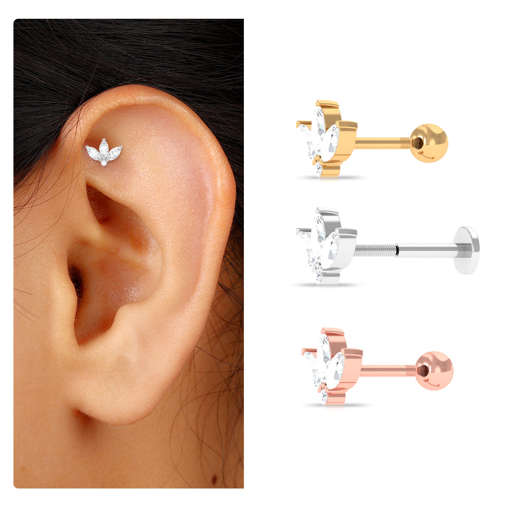 Marquise Moissanite Gold Lotus Flower Helix Earring Moissanite - ( D-VS1 ) - Color and Clarity - Rosec Jewels