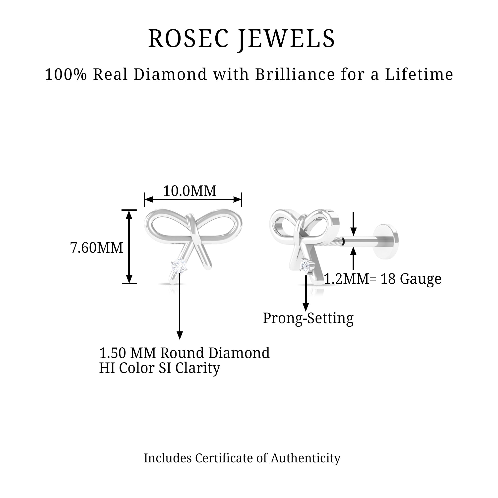 Rosec Jewels-Natural Diamond Bow Earring for Cartilage Piercing