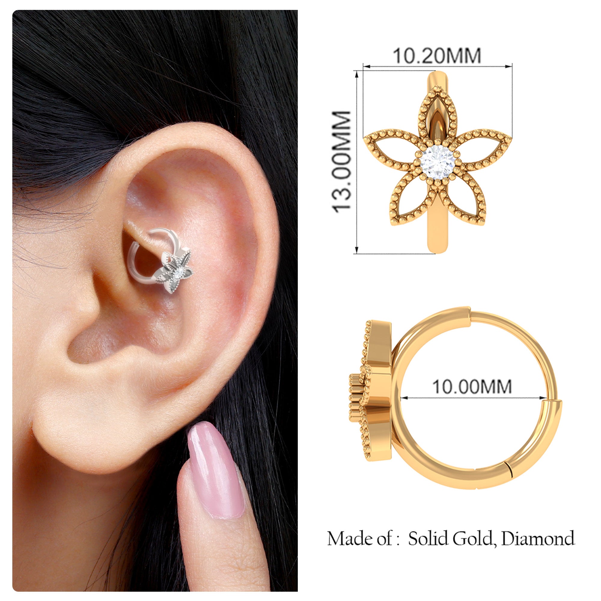 Rosec Jewels-Moissanite Flower Conch Hoop Earring with Gold Beads