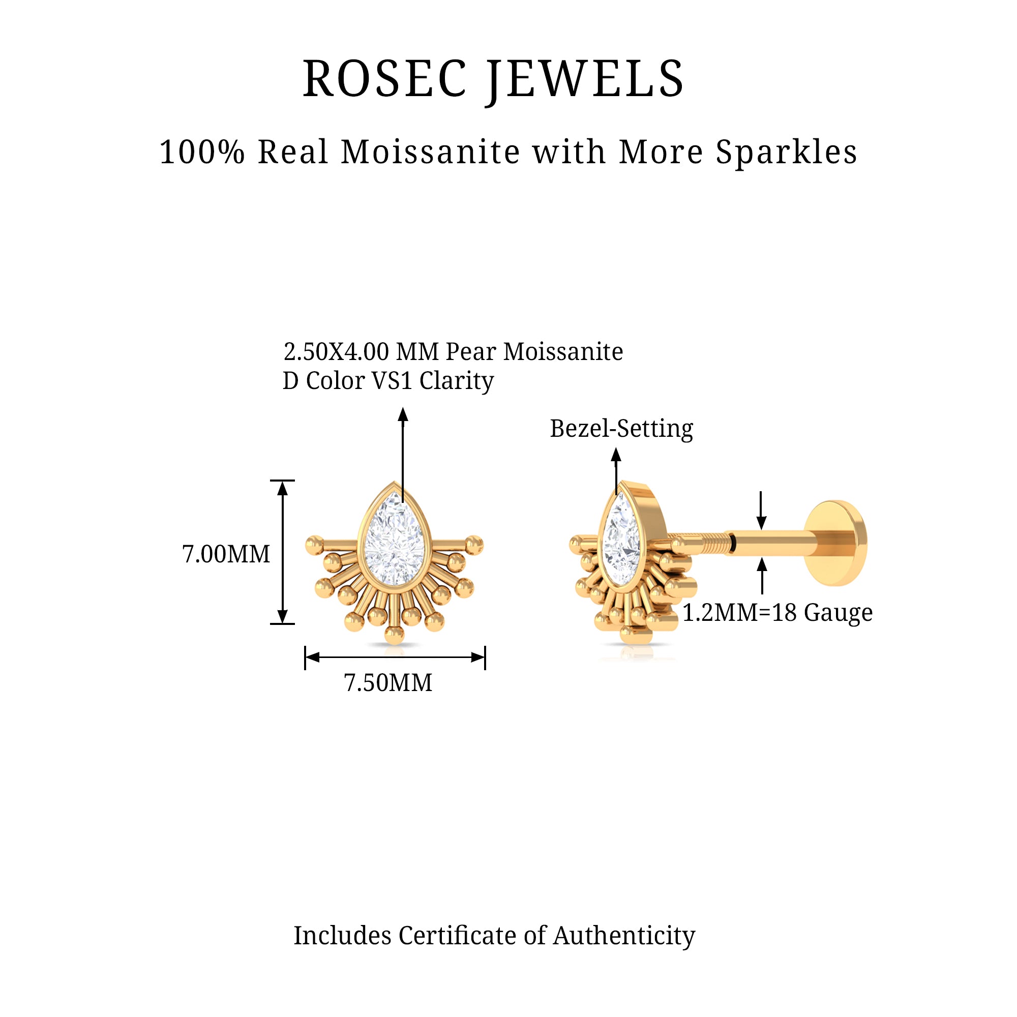 Rosec Jewels-Pear Shape Moissanite Solitaire Gothic Cartilage Earring